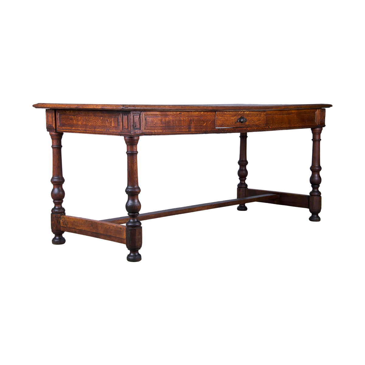 Antique Country French Provincial Tiger Oak Farmhouse Trestle Dining Table