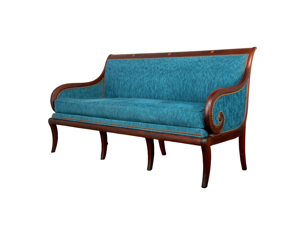 Antique French Empire Style Mahogany Settee W/ Blue Upholstery