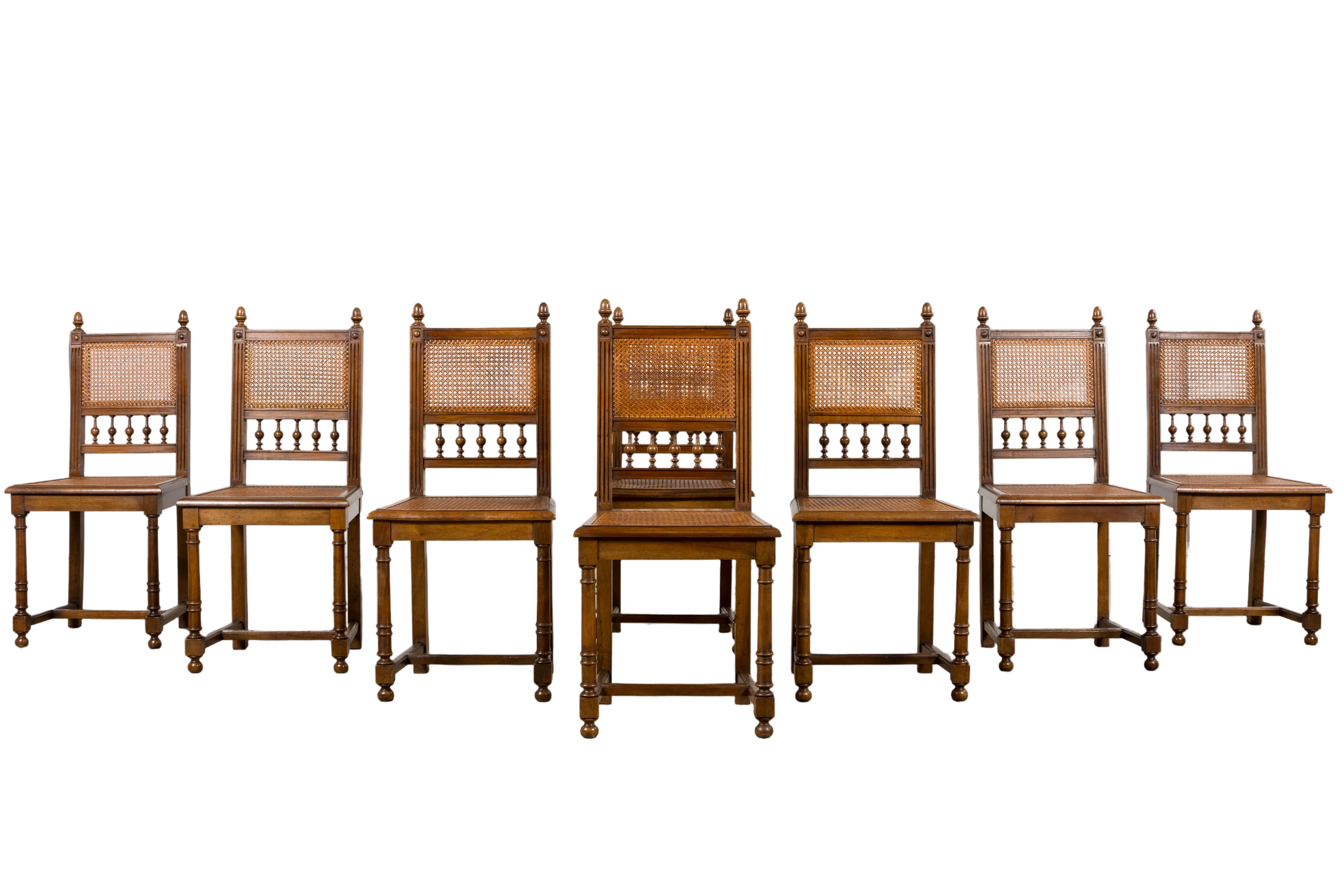 Antique French Henri II Style Walnut Caned Dining Chairs, Set of 8