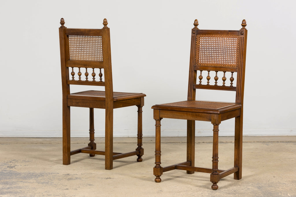 Antique French Henri II Style Walnut Caned Dining Chairs, Set of 8