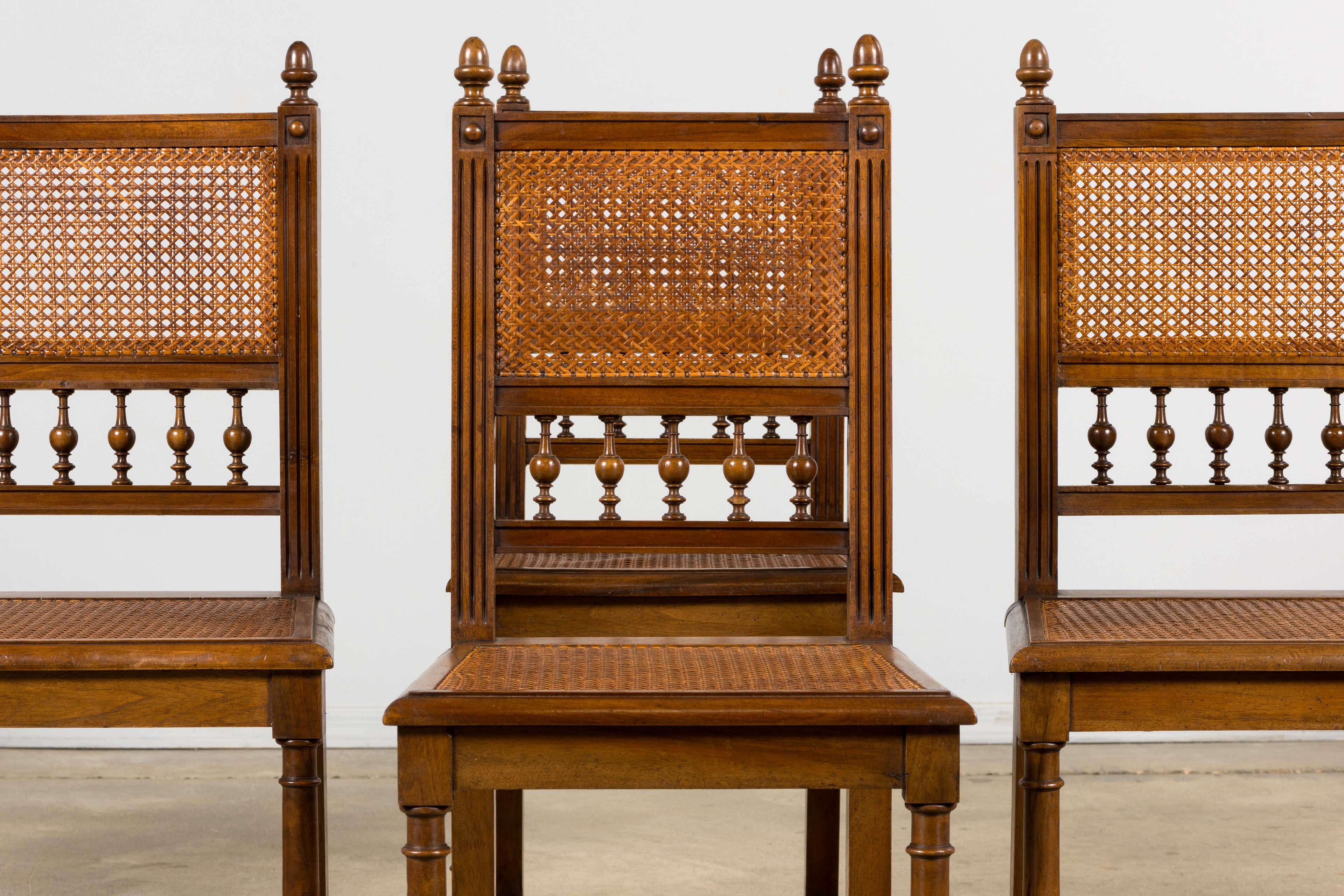Antique French Henri II Style Walnut Caned Dining Chairs, Set of 8