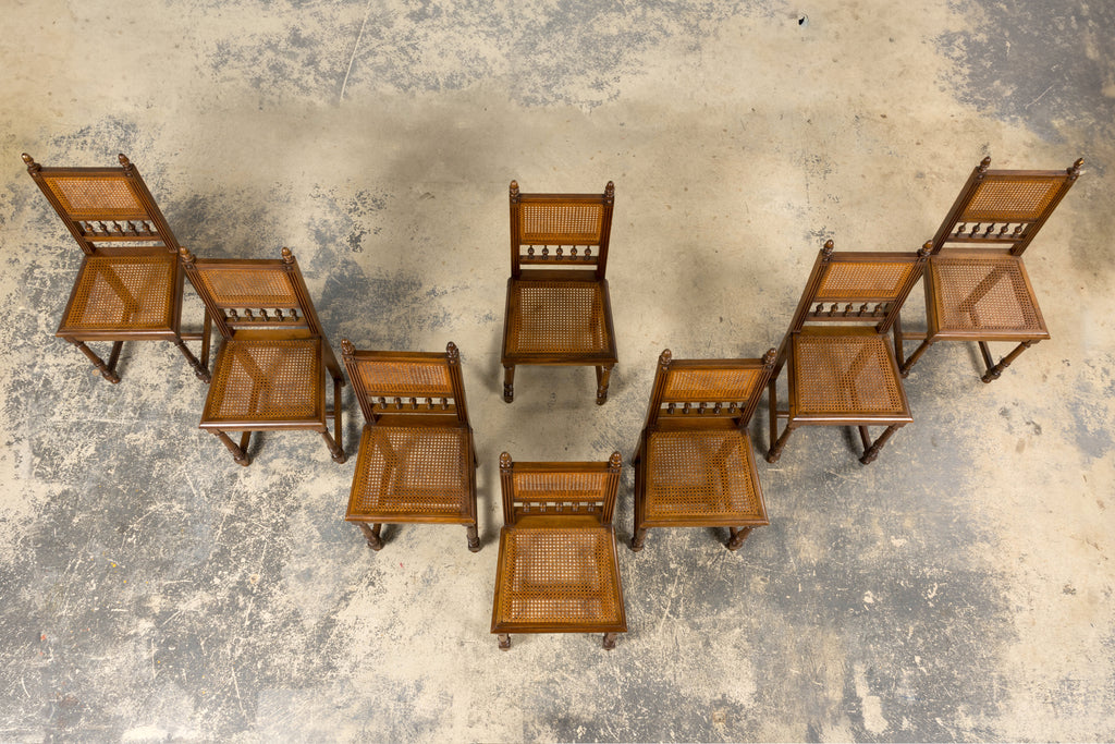 Antique French Henri II Style Walnut Caned Dining Chairs, Set of 8