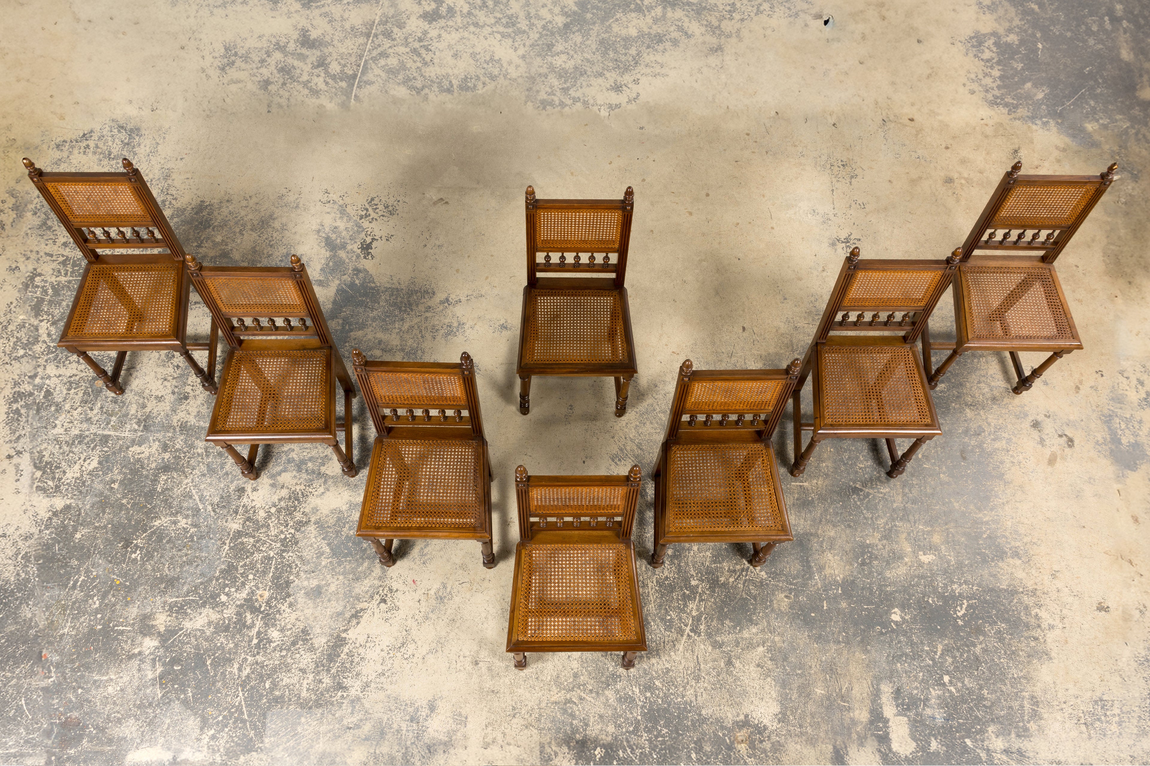 Antique French Henri II Style Walnut Caned Dining Chairs, Set of 8