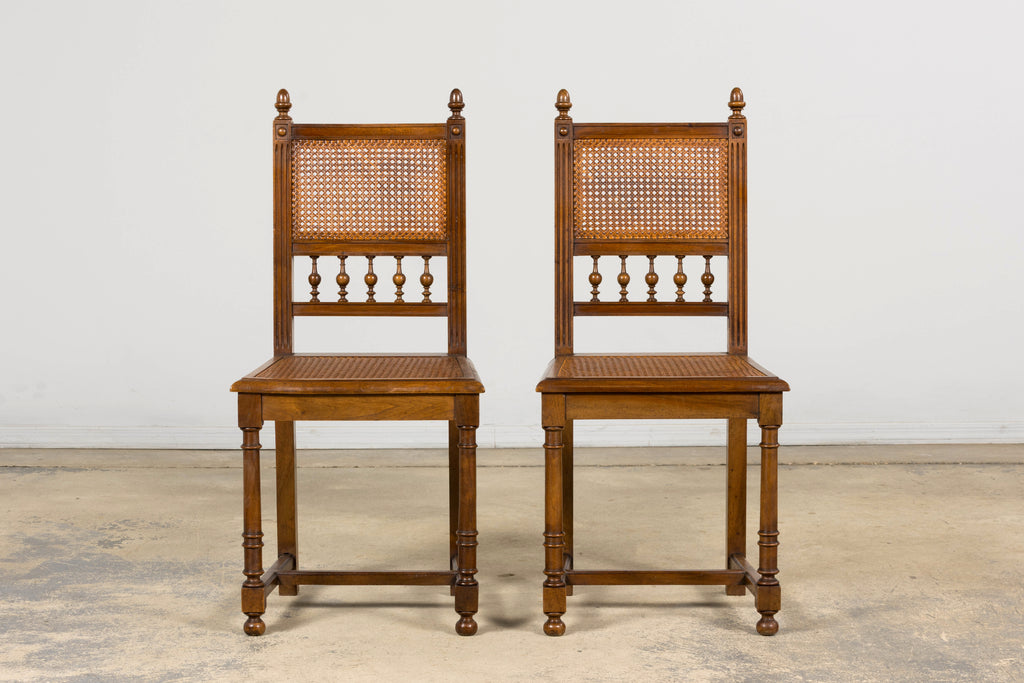 Antique French Henri II Style Walnut Caned Dining Chairs, Set of 8