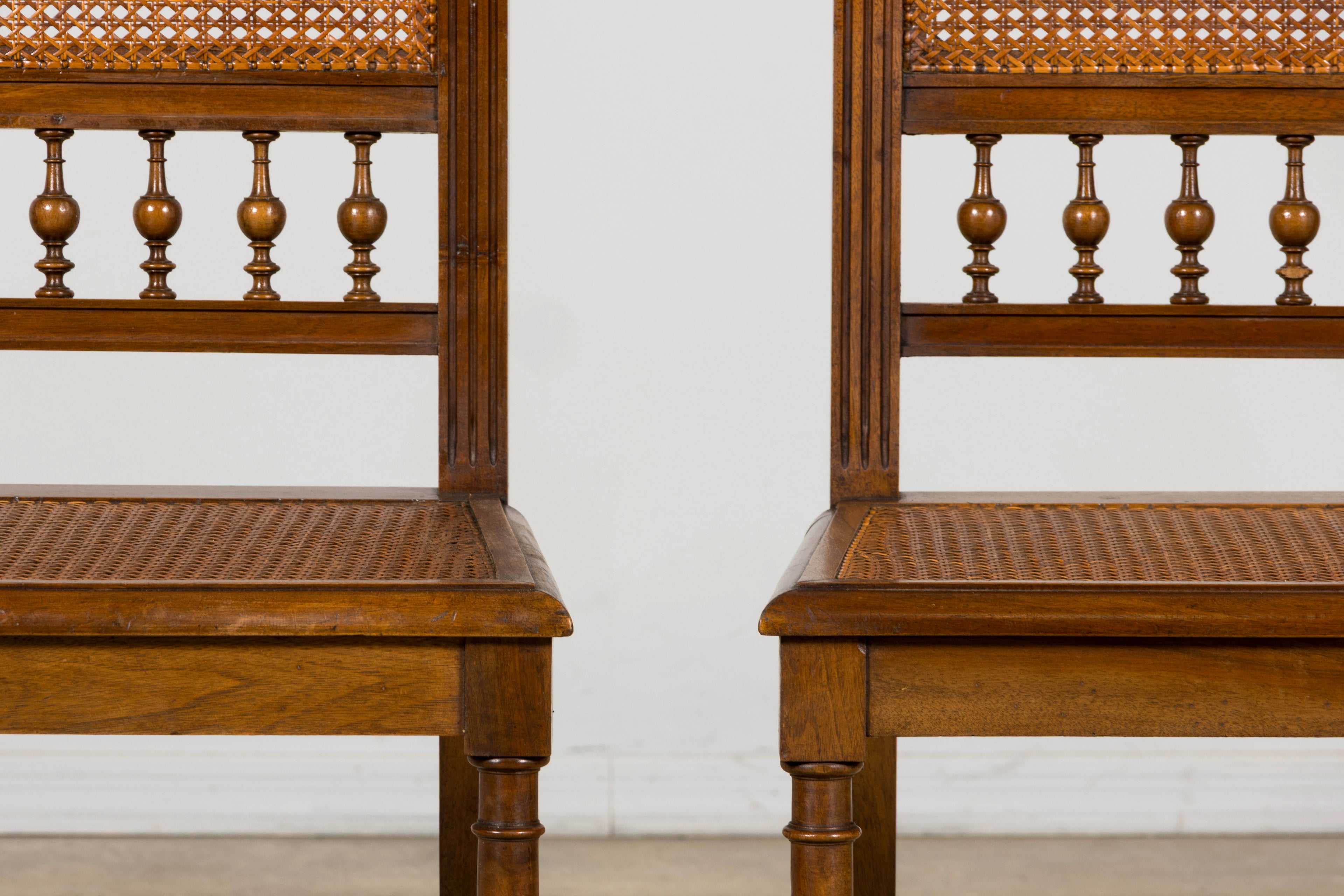Antique French Henri II Style Walnut Caned Dining Chairs, Set of 8