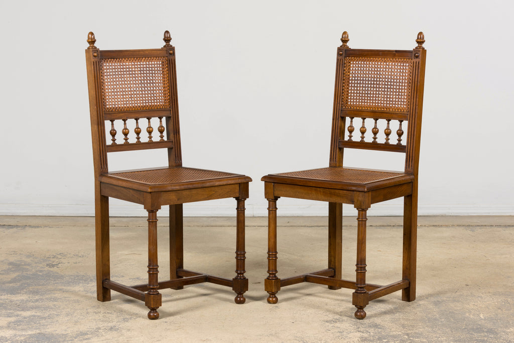 Antique French Henri II Style Walnut Caned Dining Chairs, Set of 8