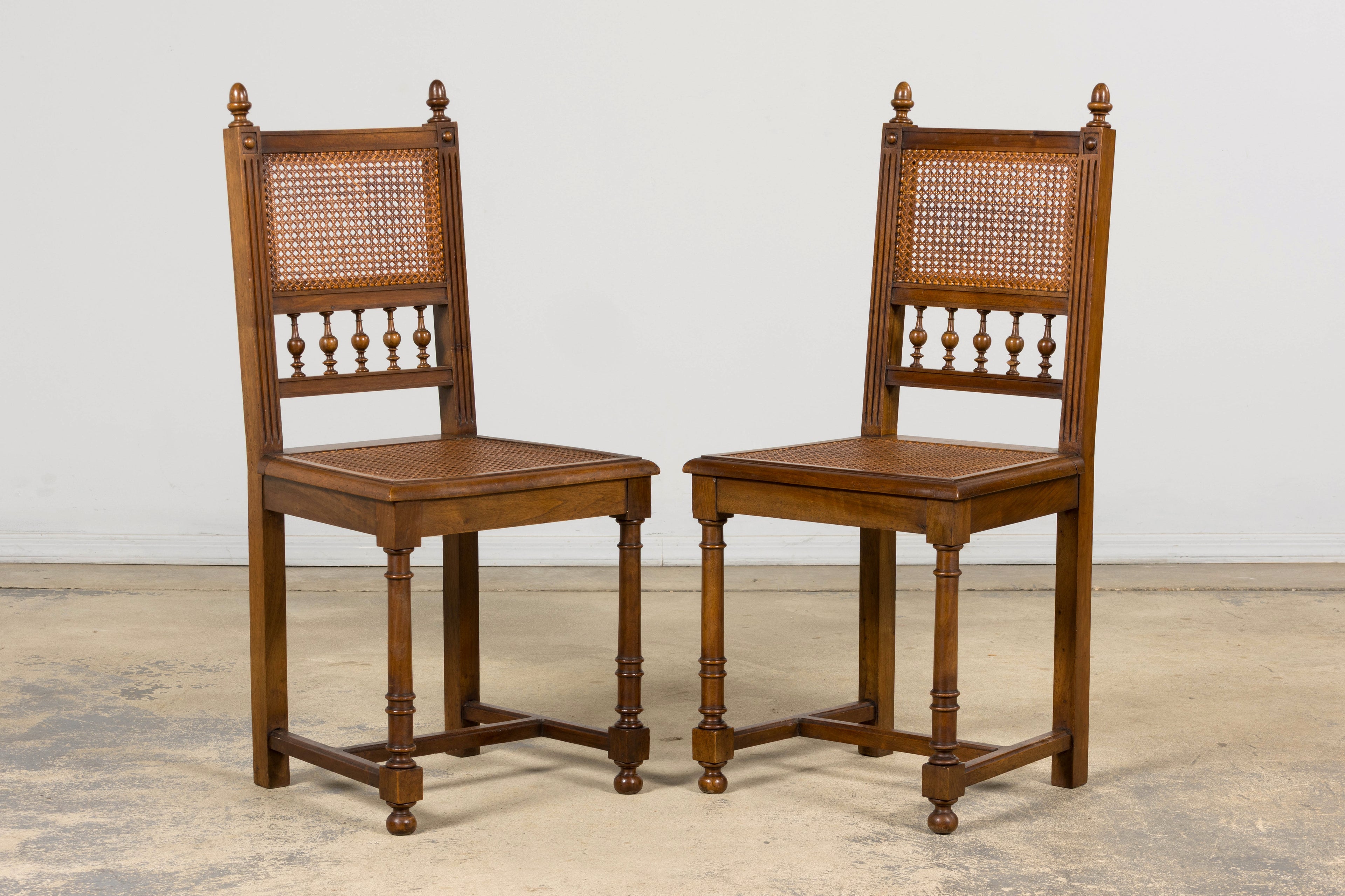 Antique French Henri II Style Walnut Caned Dining Chairs, Set of 8