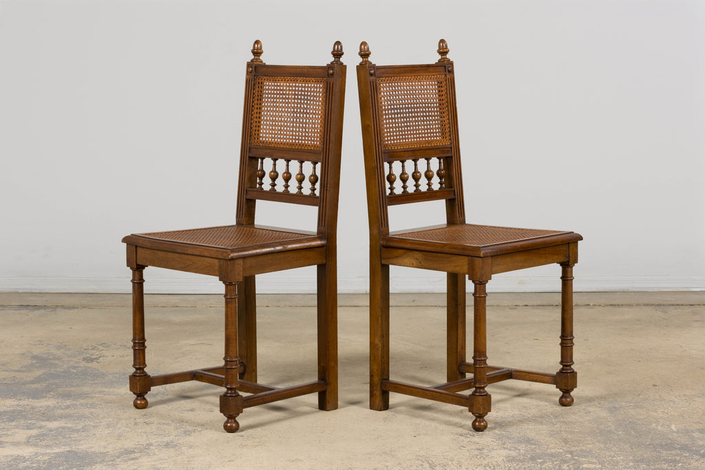 Antique French Henri II Style Walnut Caned Dining Chairs, Set of 8