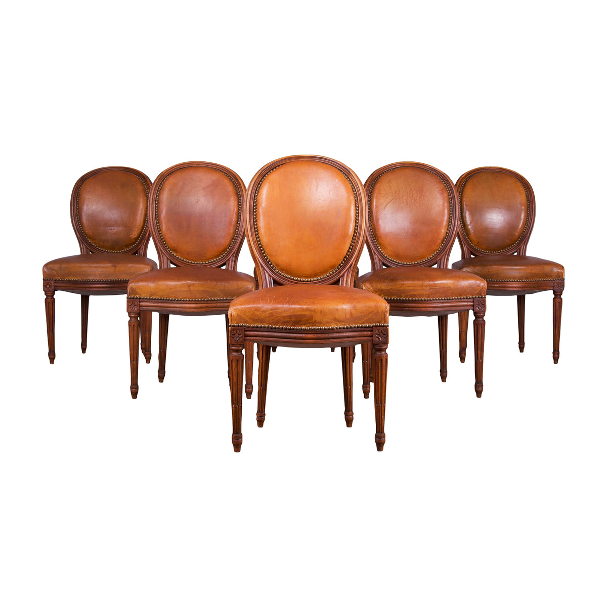 Antique French Louis XVI Maple Dining Chairs W/ Original Brown Leather - Set of 6