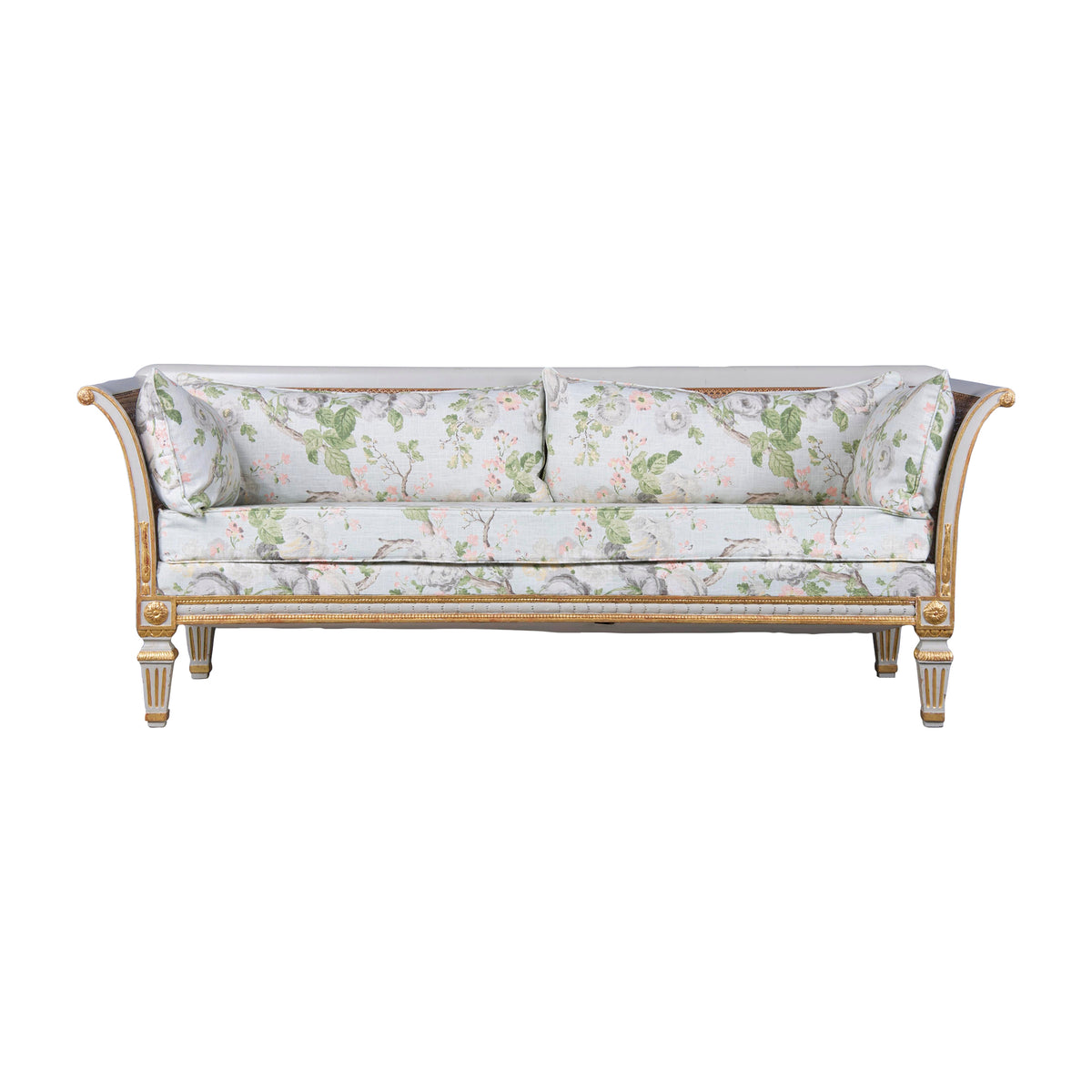 Antique French Louis XVI Neoclassical Style Painted Cane Back Loveseat W/ Floral Linen
