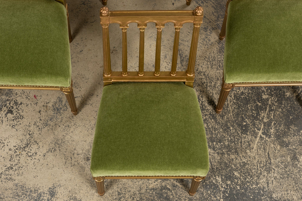 Antique French Louis XVI Style Giltwood Dining Chairs in Green Mohair, Set of 6