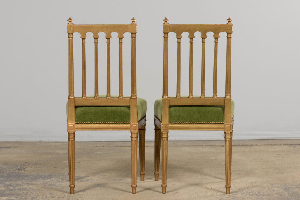 Antique French Louis XVI Style Giltwood Dining Chairs in Green Mohair, Set of 6