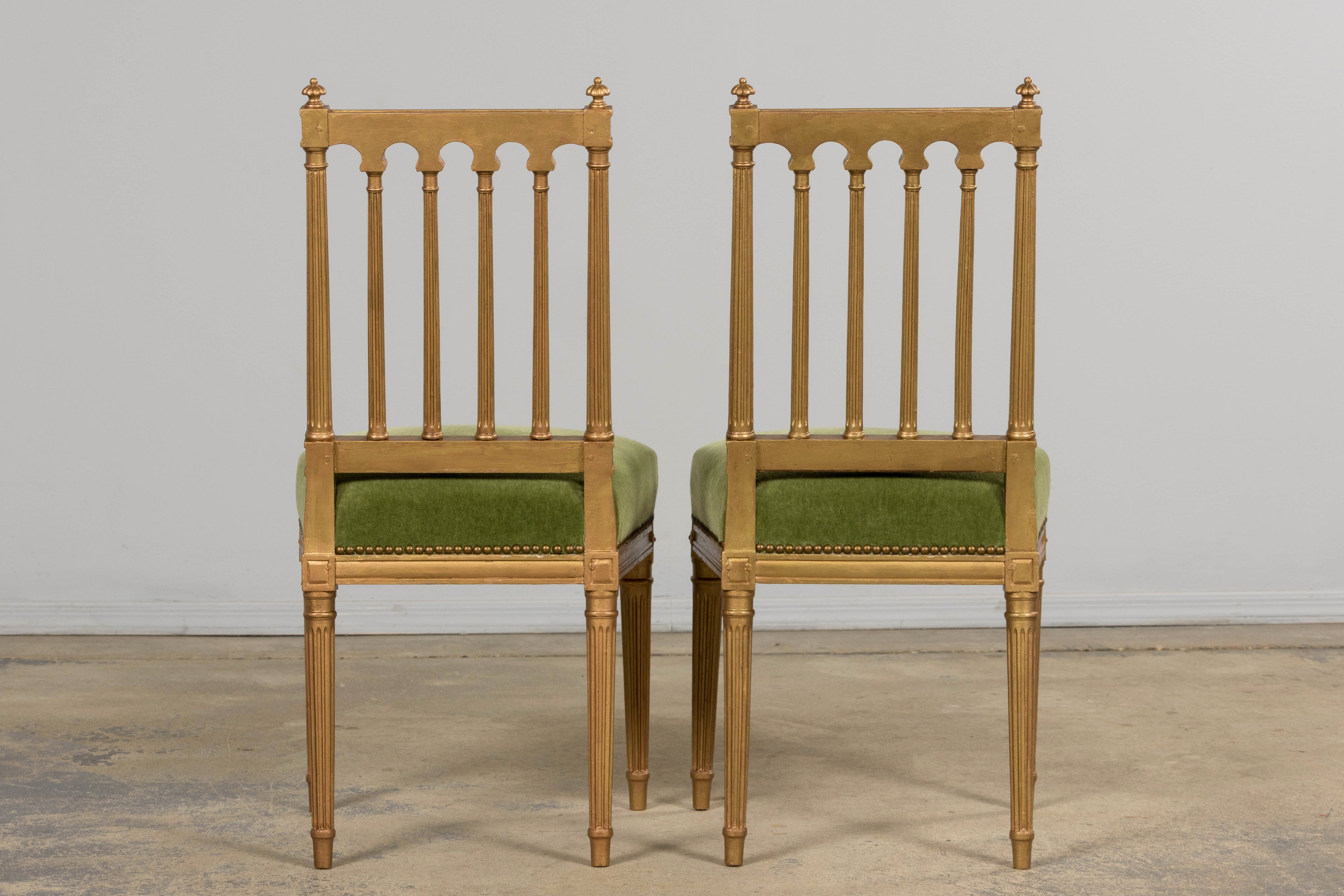Antique French Louis XVI Style Giltwood Dining Chairs in Green Mohair, Set of 6
