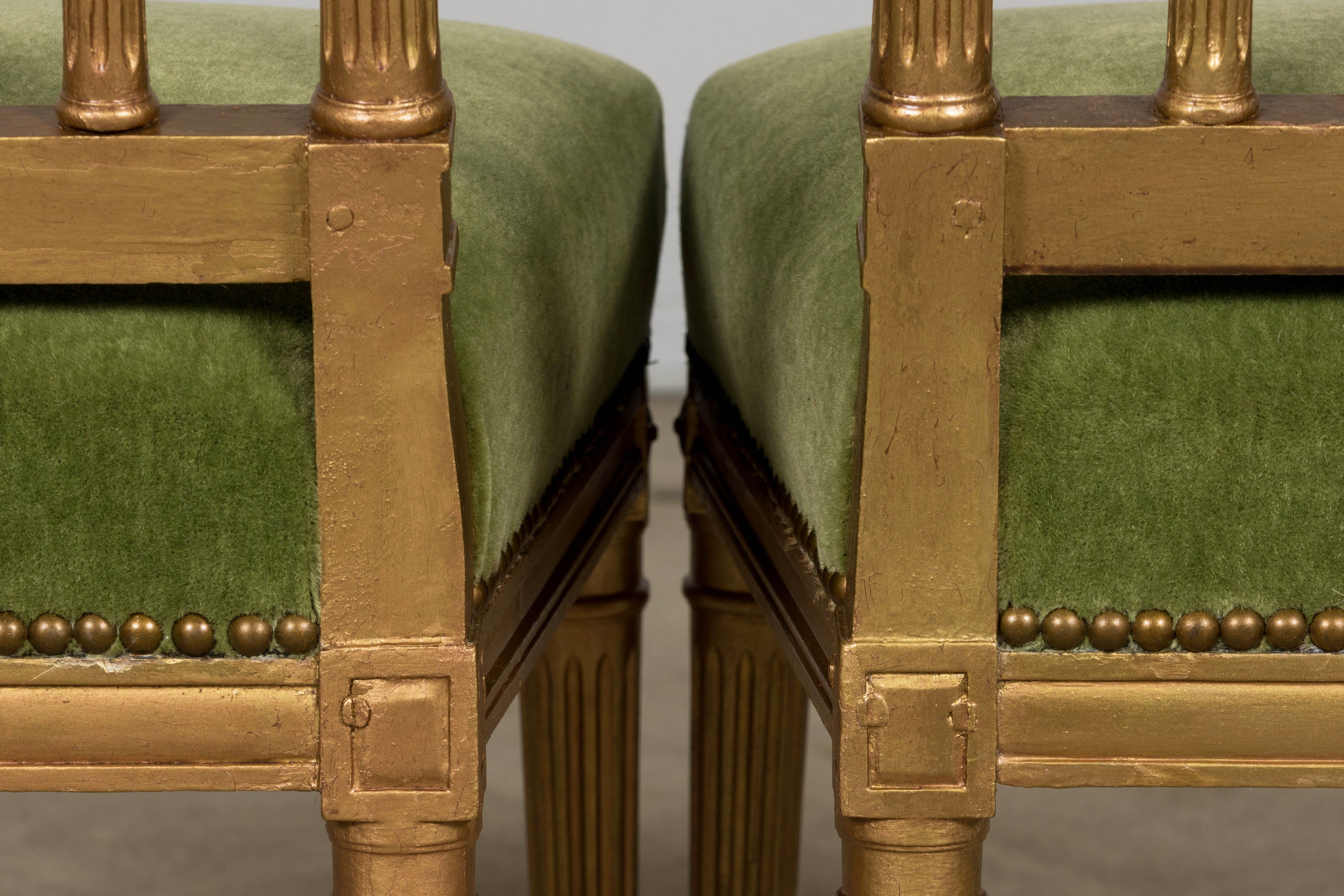 Antique French Louis XVI Style Giltwood Dining Chairs in Green Mohair, Set of 6