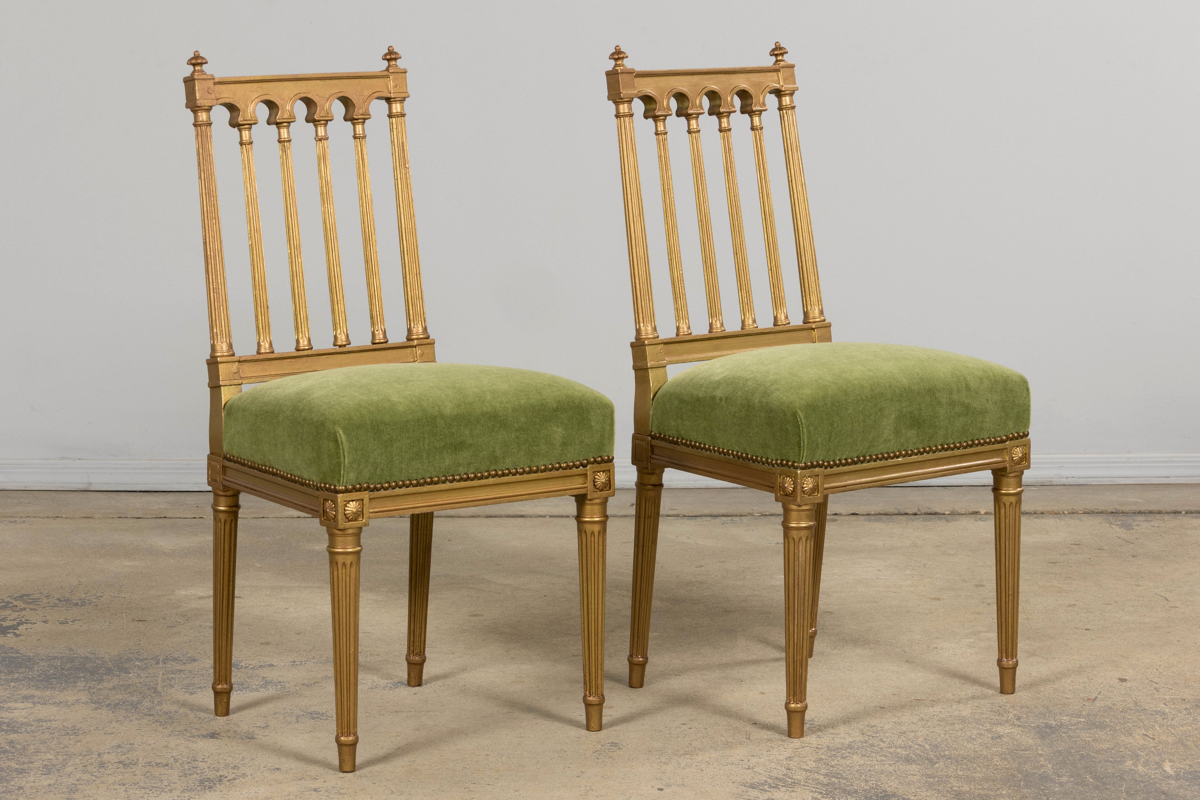 Antique French Louis XVI Style Giltwood Dining Chairs in Green Mohair, Set of 6