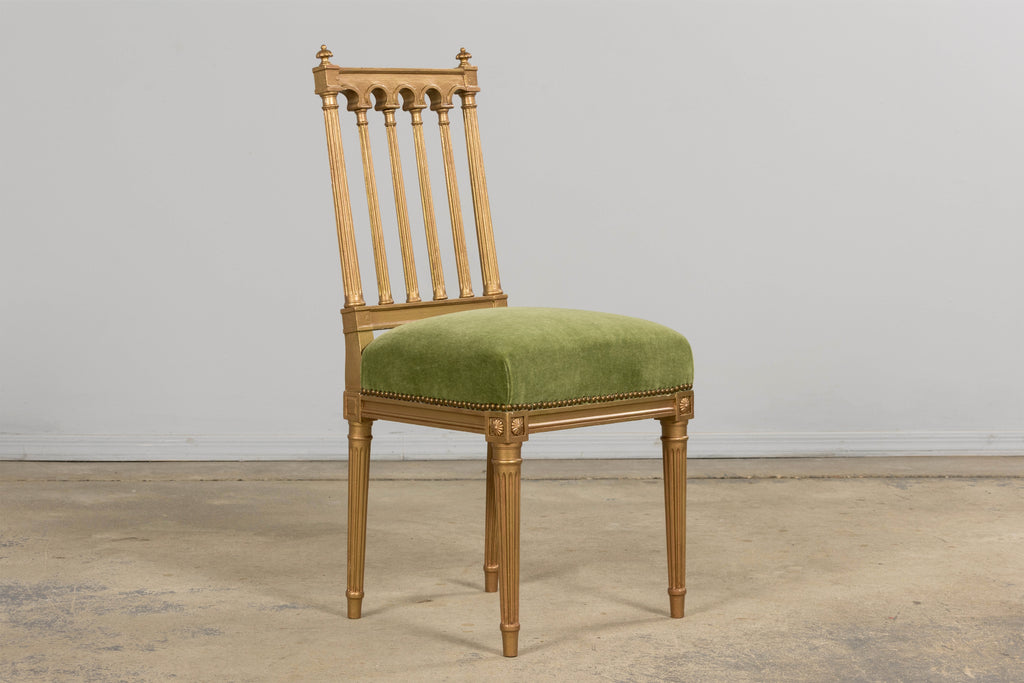 Antique French Louis XVI Style Giltwood Dining Chairs in Green Mohair, Set of 6