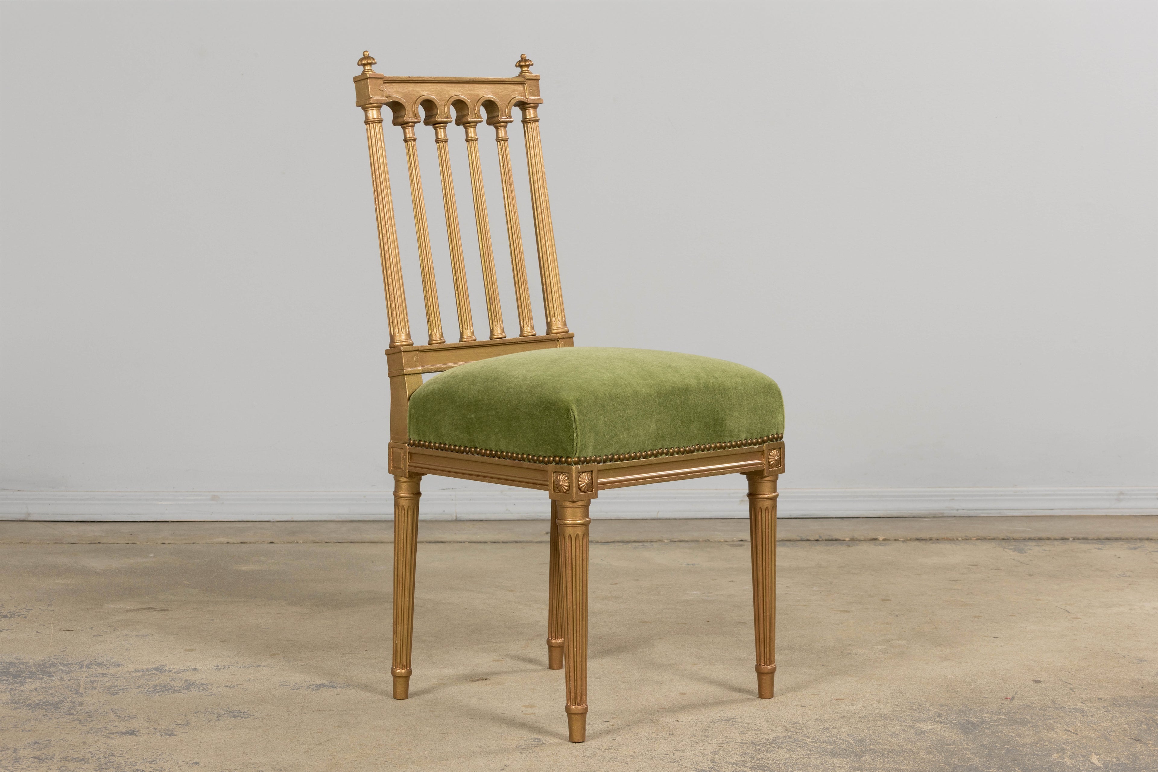 Antique French Louis XVI Style Giltwood Dining Chairs in Green Mohair, Set of 6