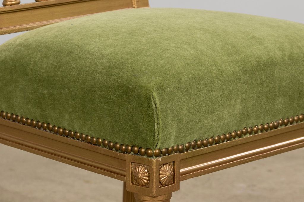 Antique French Louis XVI Style Giltwood Dining Chairs in Green Mohair, Set of 6