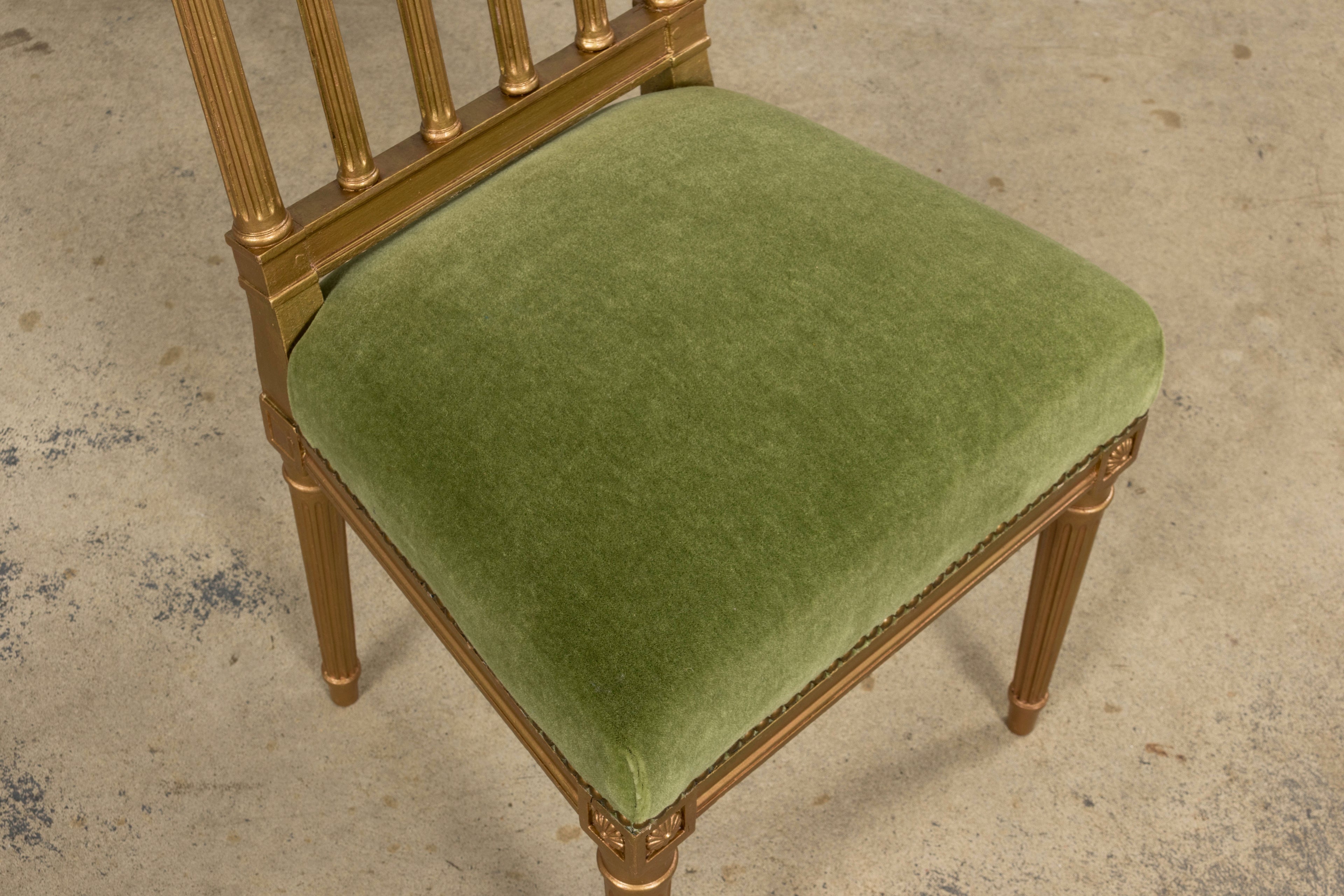 Antique French Louis XVI Style Giltwood Dining Chairs in Green Mohair, Set of 6
