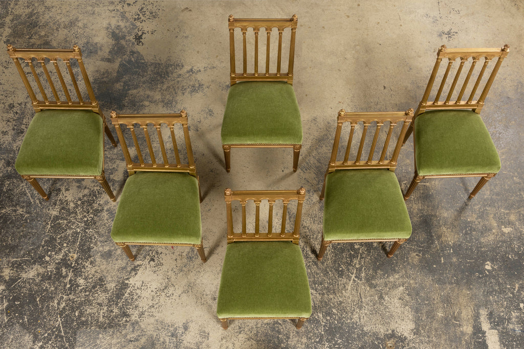Antique French Louis XVI Style Giltwood Dining Chairs in Green Mohair, Set of 6