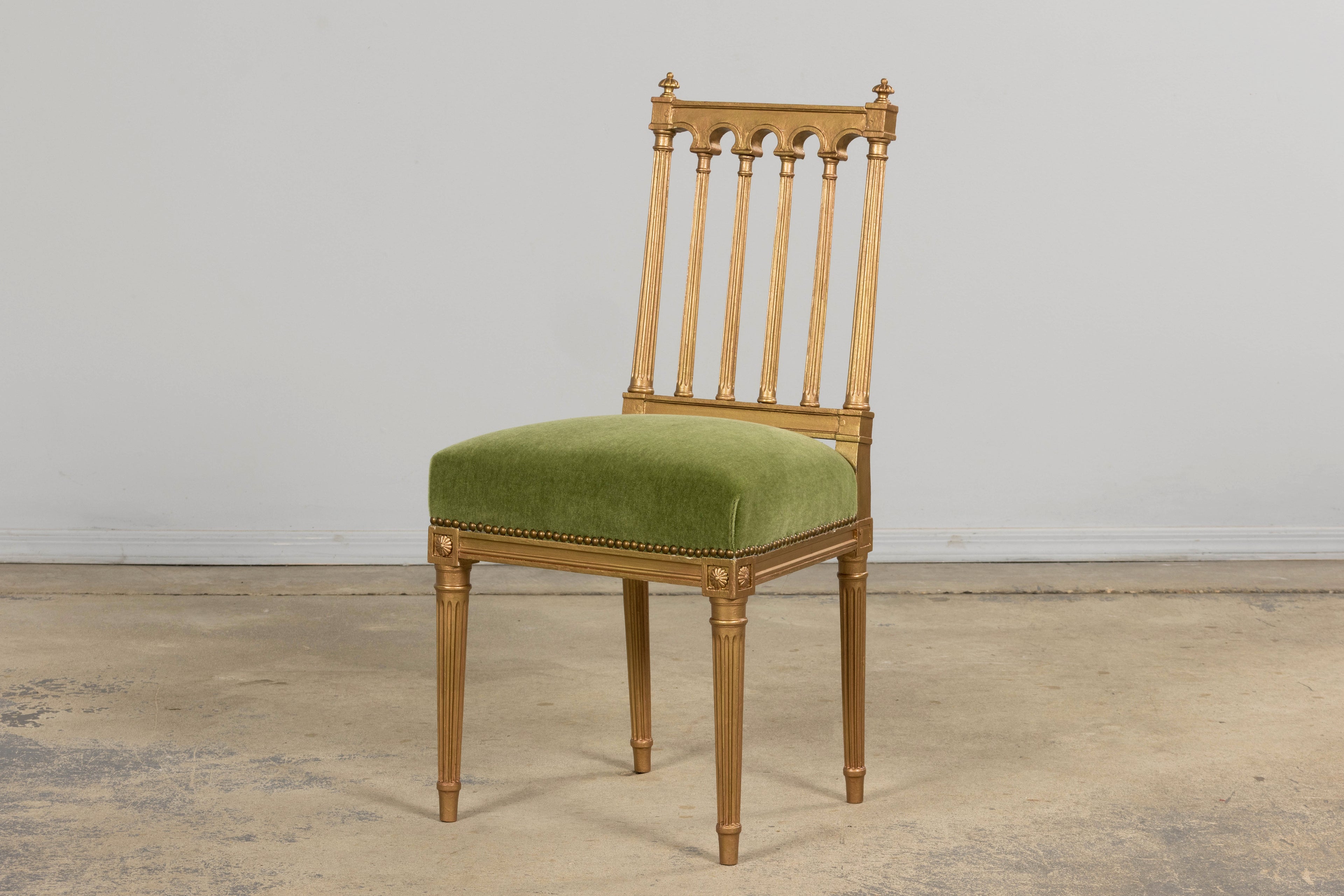 Antique French Louis XVI Style Giltwood Dining Chairs in Green Mohair, Set of 6