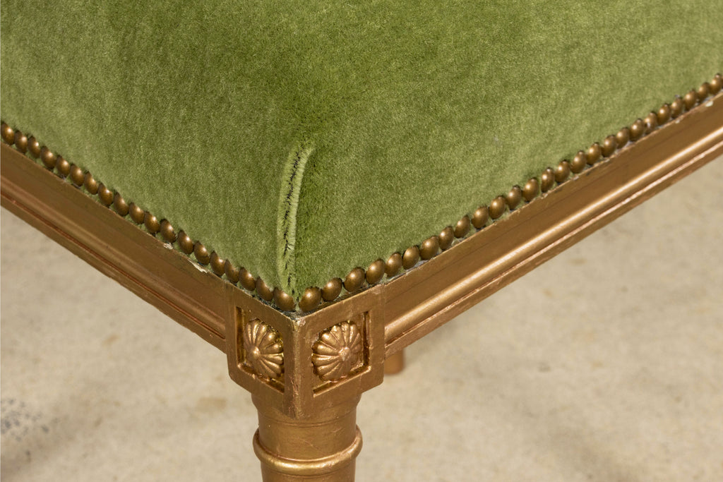 Antique French Louis XVI Style Giltwood Dining Chairs in Green Mohair, Set of 6