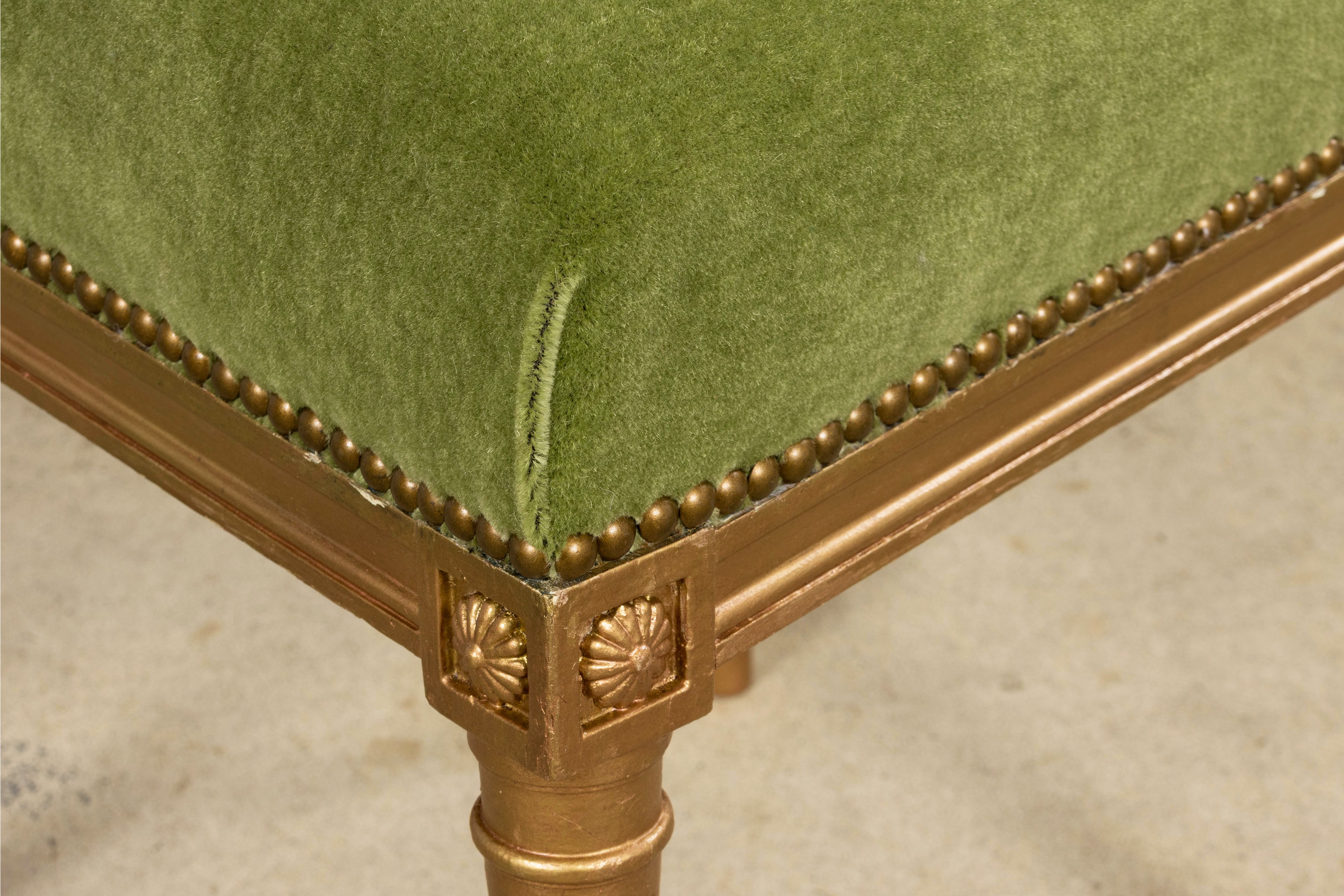 Antique French Louis XVI Style Giltwood Dining Chairs in Green Mohair, Set of 6