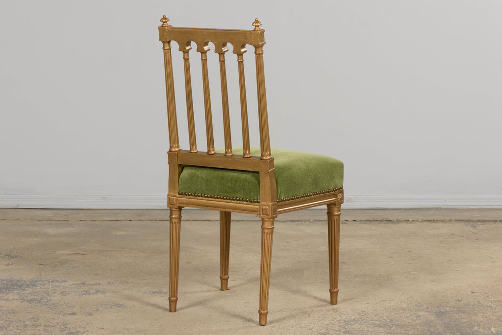Antique French Louis XVI Style Giltwood Dining Chairs in Green Mohair, Set of 6