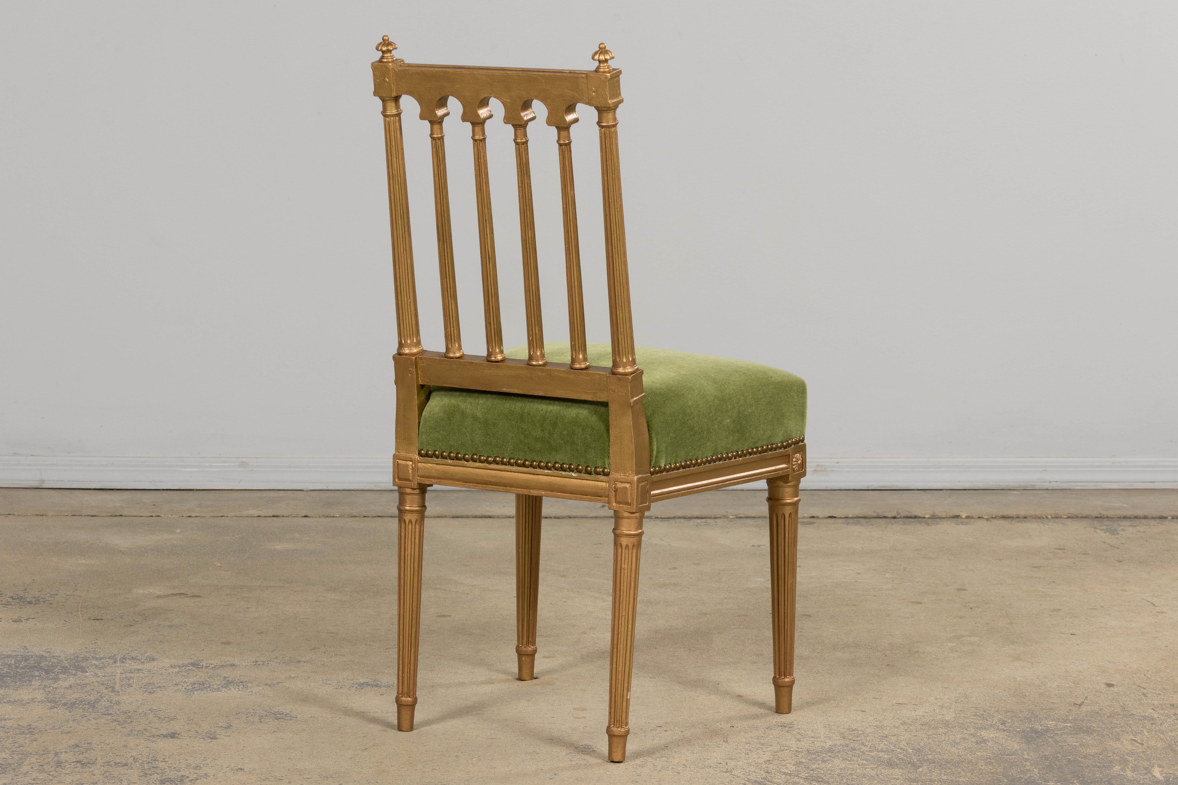 Antique French Louis XVI Style Giltwood Dining Chairs in Green Mohair, Set of 6