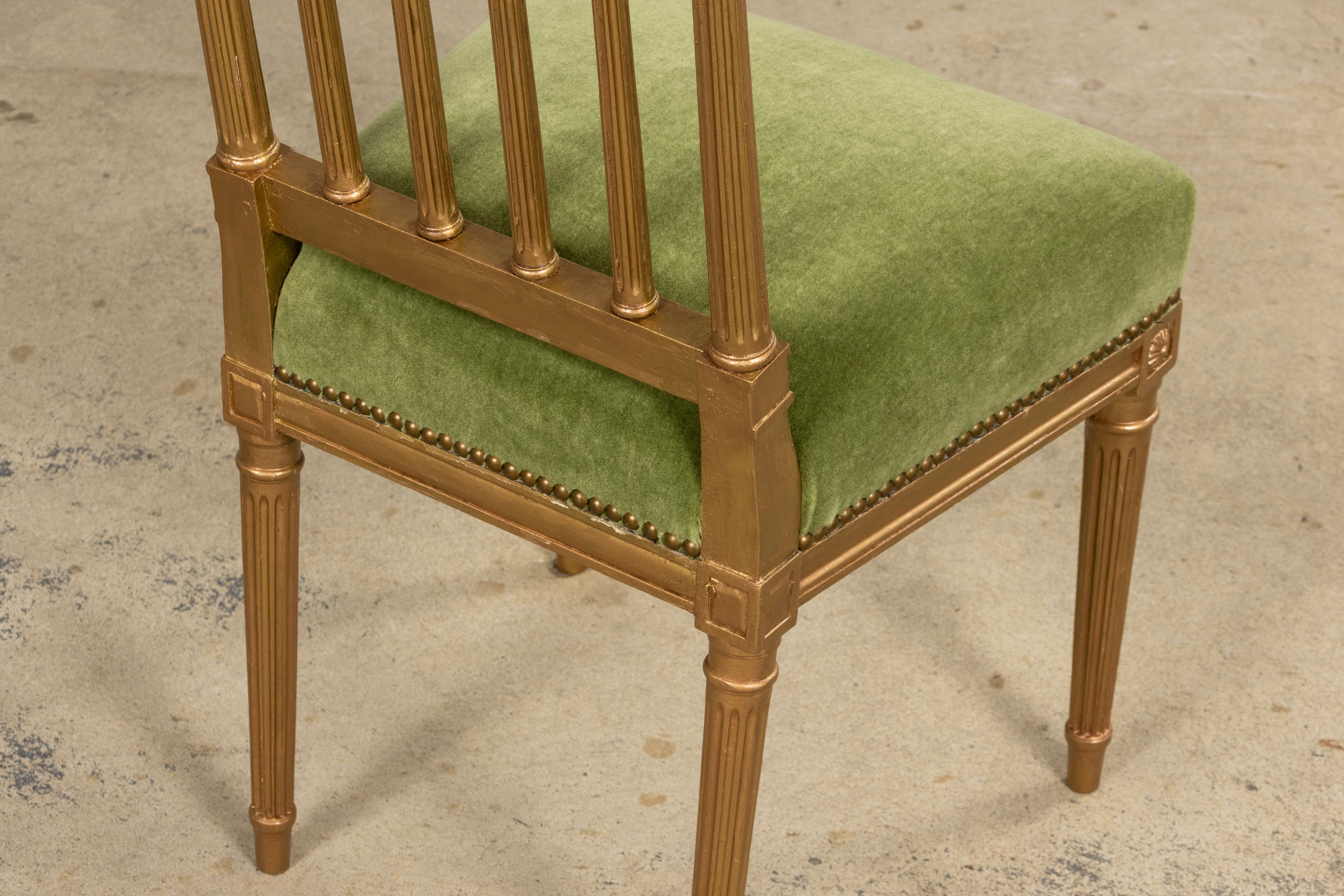 Antique French Louis XVI Style Giltwood Dining Chairs in Green Mohair, Set of 6