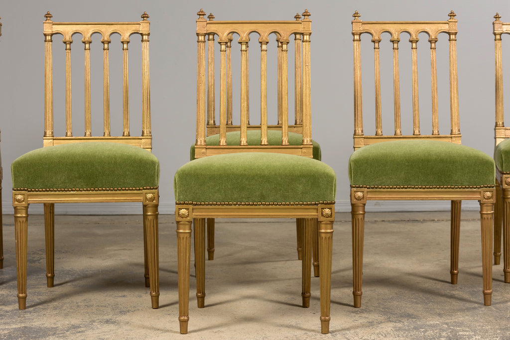 Antique French Louis XVI Style Giltwood Dining Chairs in Green Mohair, Set of 6