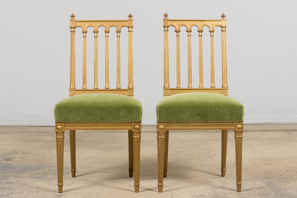 Antique French Louis XVI Style Giltwood Dining Chairs in Green Mohair, Set of 6