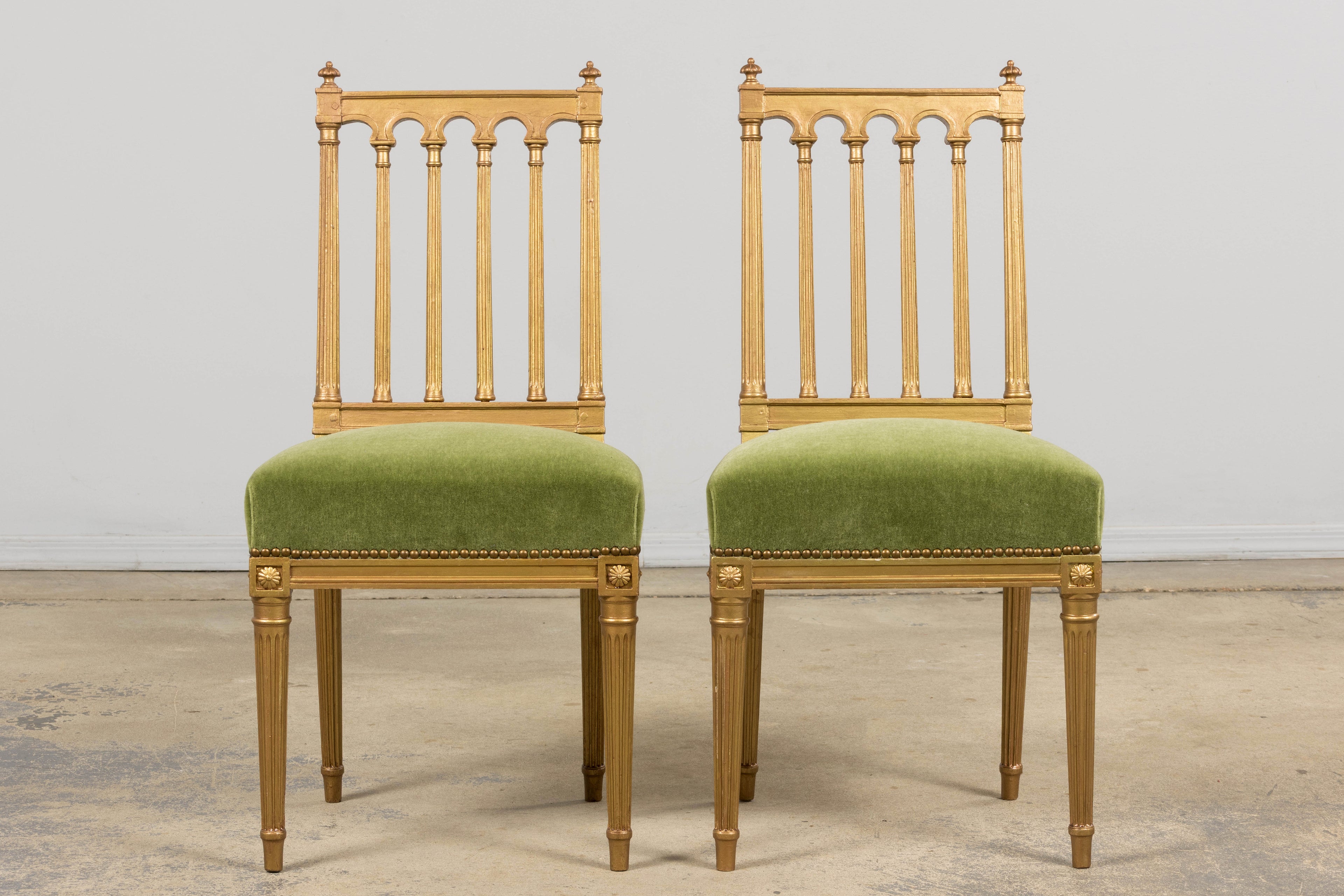 Antique French Louis XVI Style Giltwood Dining Chairs in Green Mohair, Set of 6