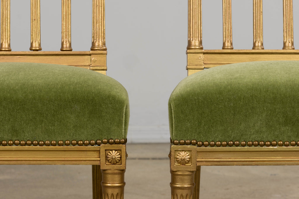 Antique French Louis XVI Style Giltwood Dining Chairs in Green Mohair, Set of 6