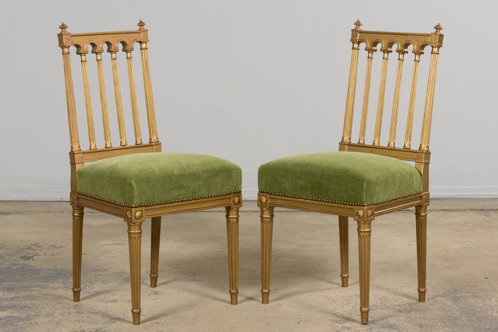 Antique French Louis XVI Style Giltwood Dining Chairs in Green Mohair, Set of 6