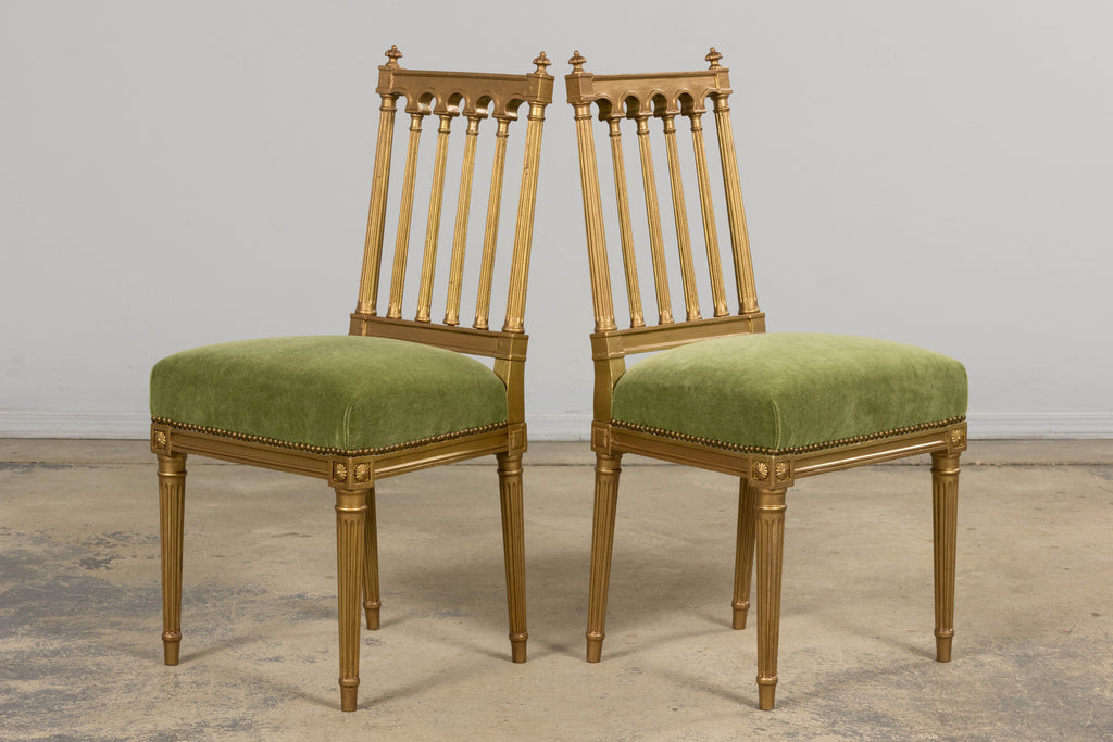Antique French Louis XVI Style Giltwood Dining Chairs in Green Mohair, Set of 6