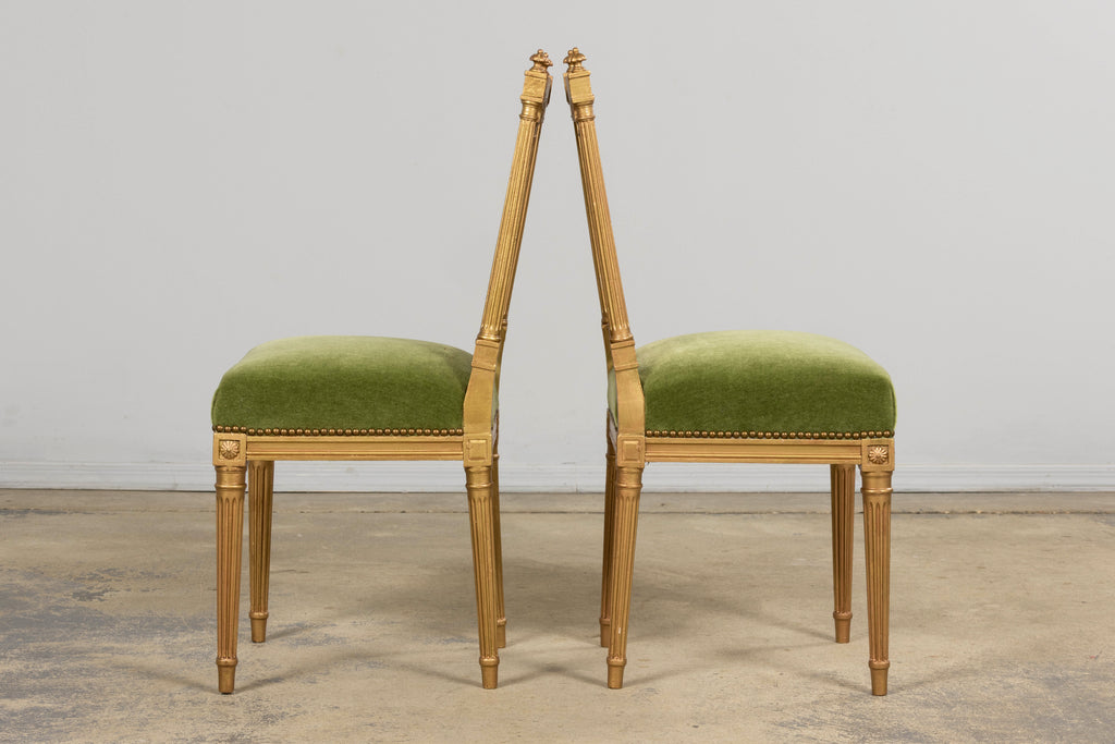 Antique French Louis XVI Style Giltwood Dining Chairs in Green Mohair, Set of 6