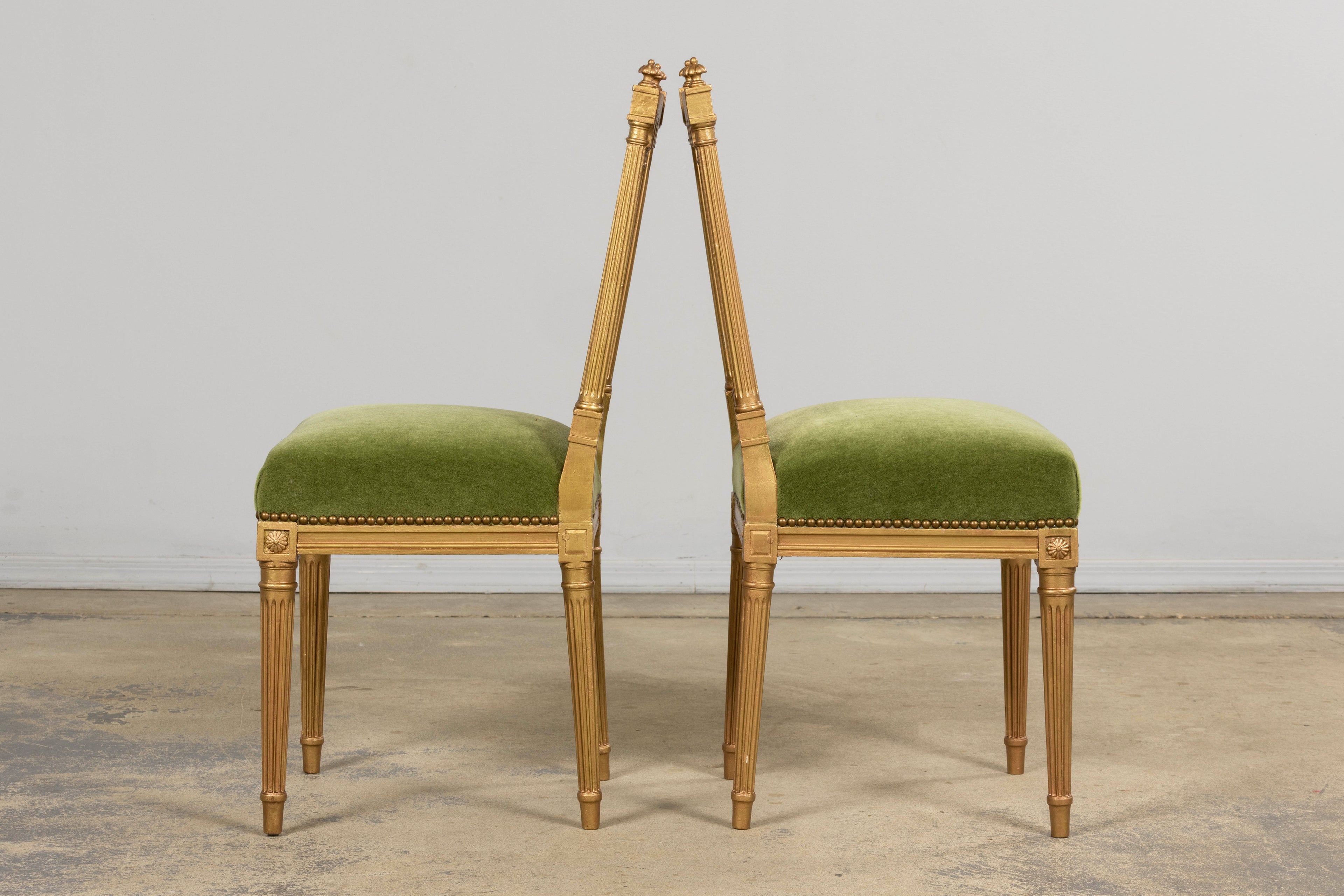 Antique French Louis XVI Style Giltwood Dining Chairs in Green Mohair, Set of 6