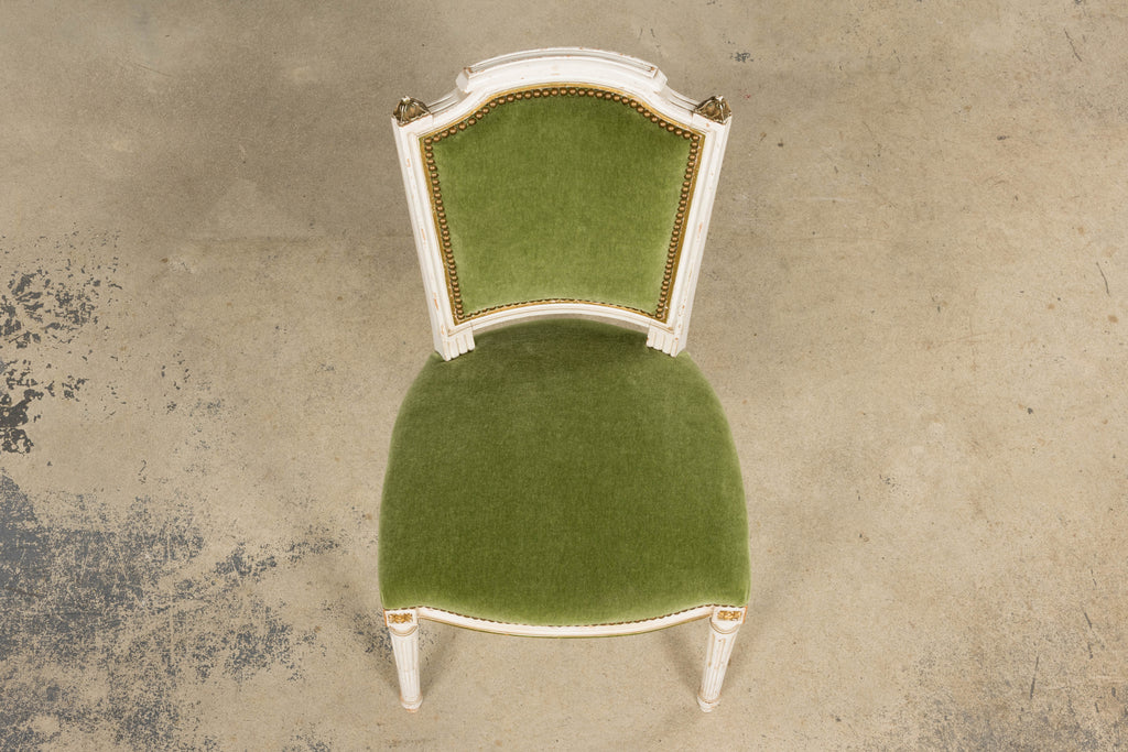 Antique French Louis XVI Style Painted Accent Chair in Moss Green Mohair