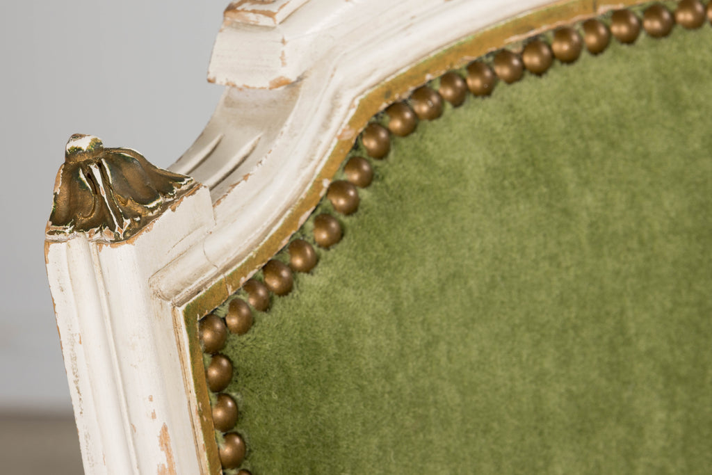 Antique French Louis XVI Style Painted Accent Chair in Moss Green Mohair