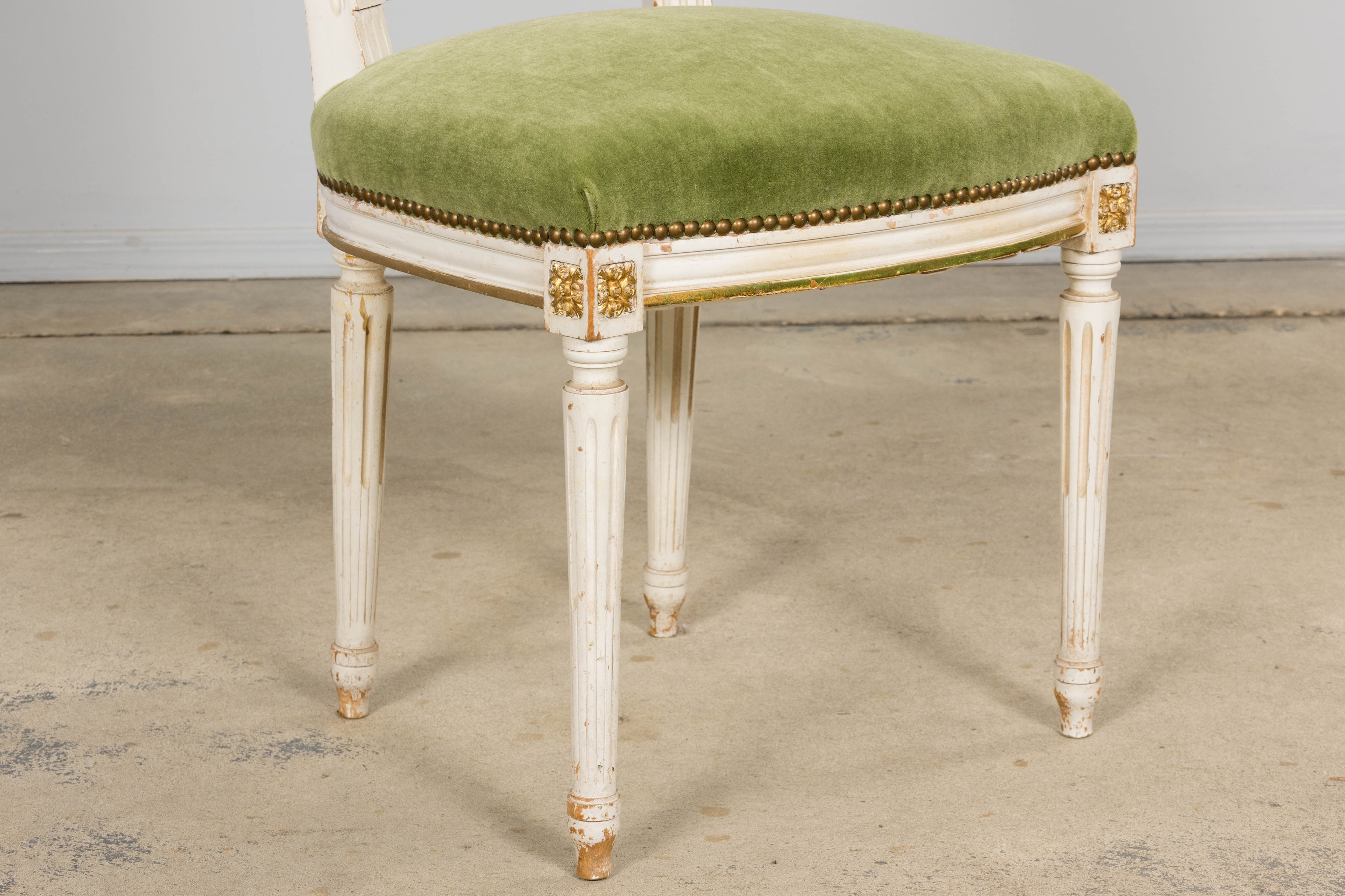 Antique French Louis XVI Style Painted Accent Chair in Moss Green Mohair