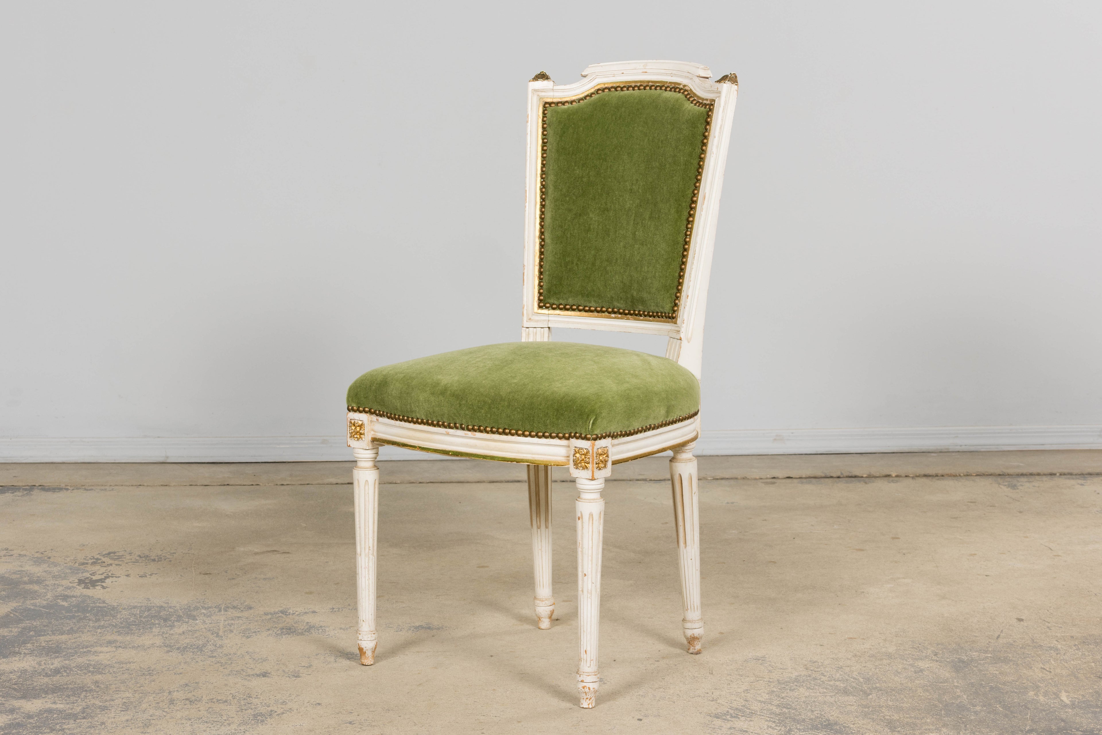 Antique French Louis XVI Style Painted Accent Chair in Moss Green Mohair