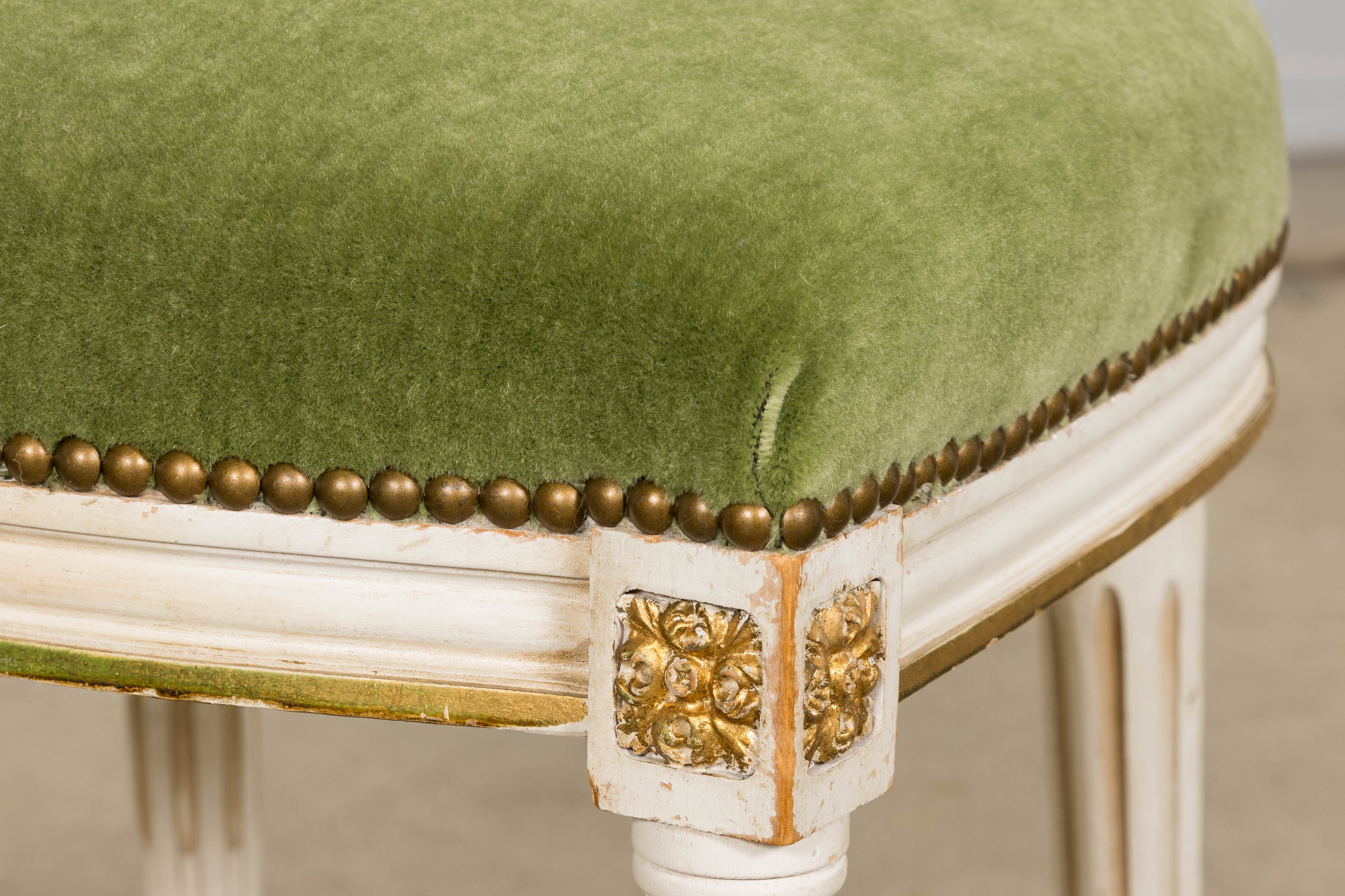 Antique French Louis XVI Style Painted Accent Chair in Moss Green Mohair