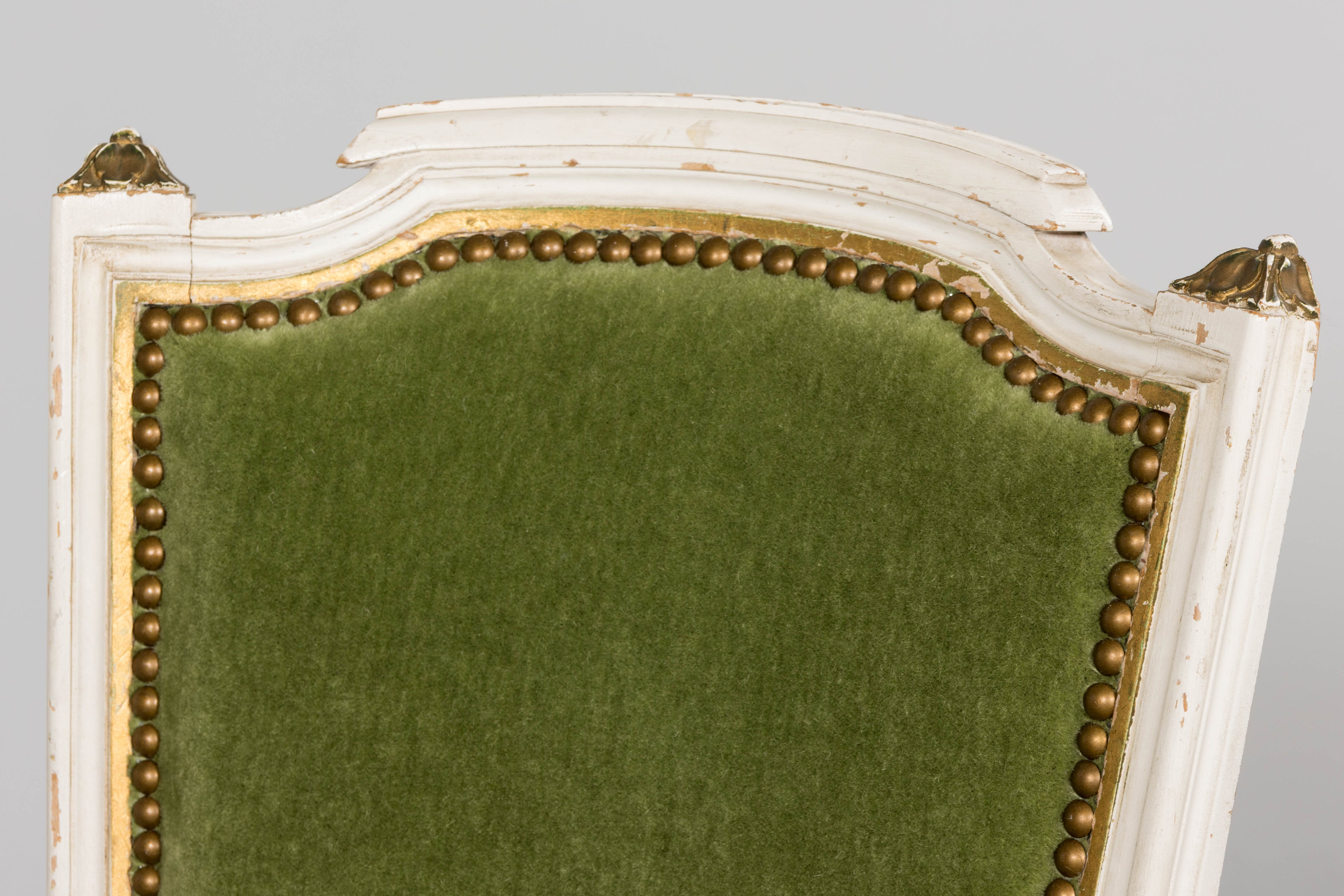 Antique French Louis XVI Style Painted Accent Chair in Moss Green Mohair