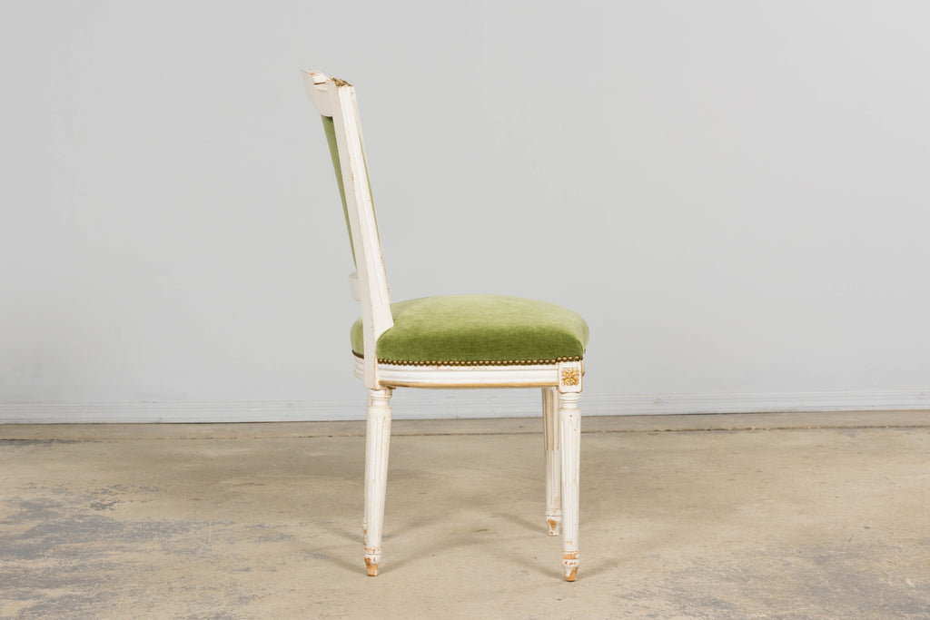 Antique French Louis XVI Style Painted Accent Chair in Moss Green Mohair