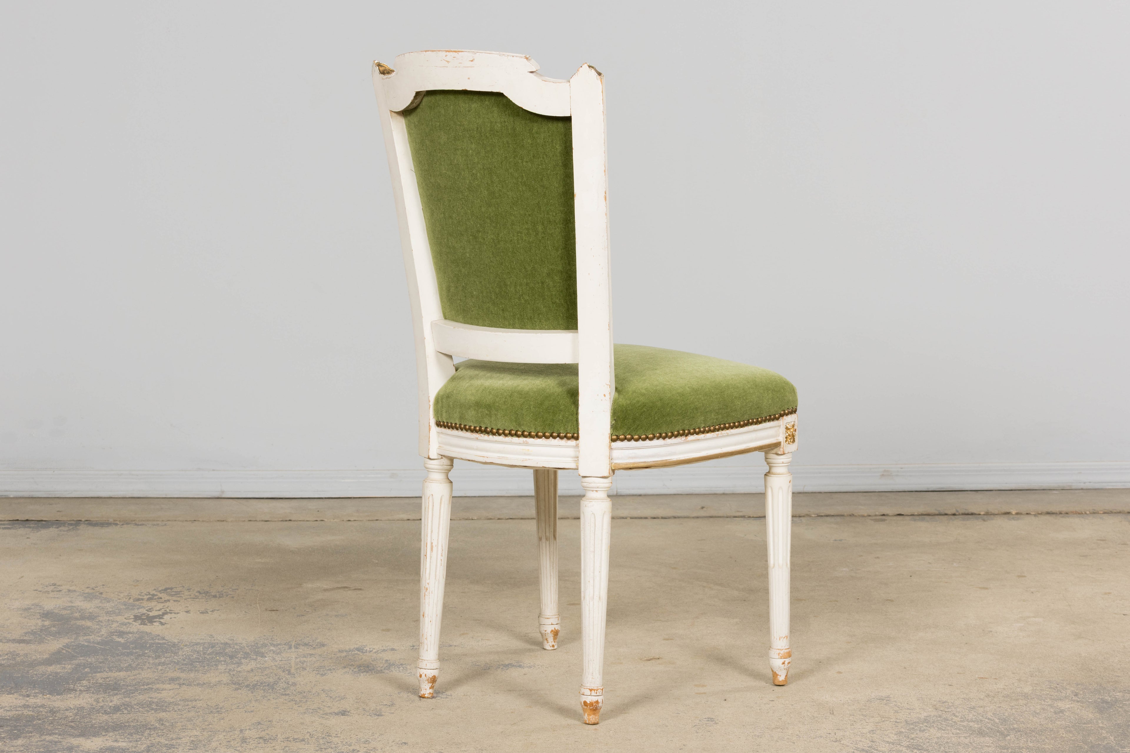 Antique French Louis XVI Style Painted Accent Chair in Moss Green Mohair