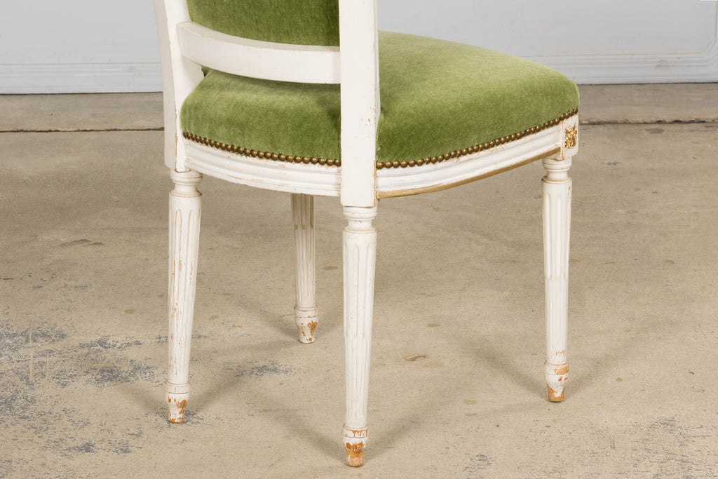 Antique French Louis XVI Style Painted Accent Chair in Moss Green Mohair