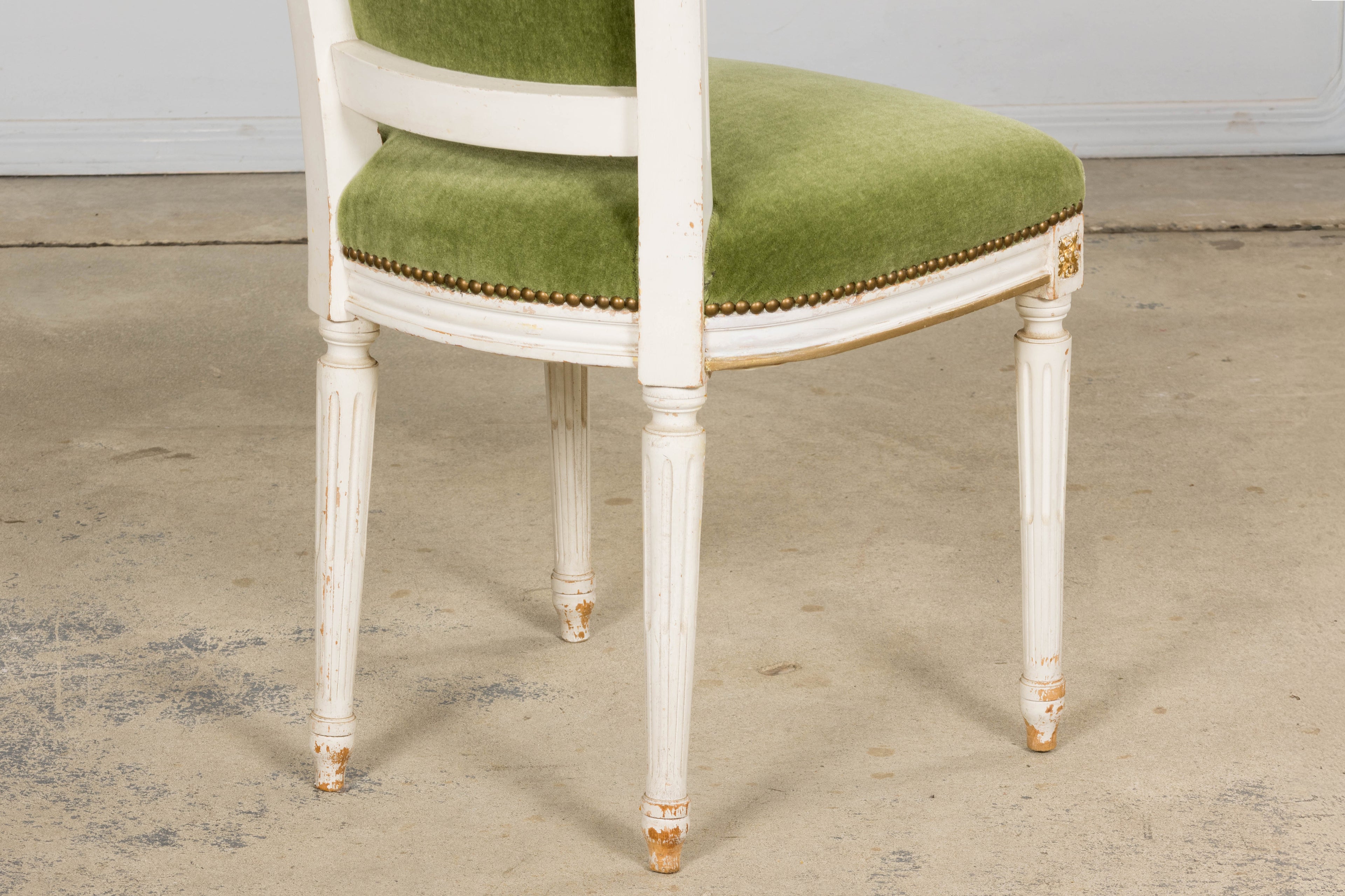 Antique French Louis XVI Style Painted Accent Chair in Moss Green Mohair