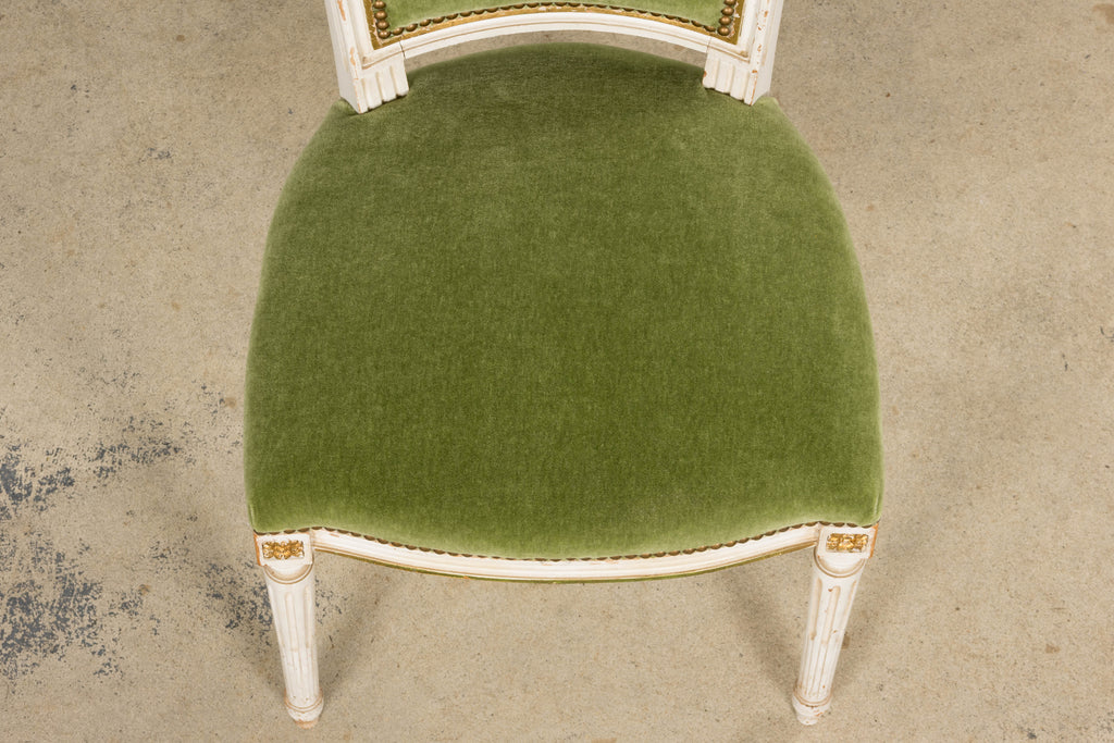 Antique French Louis XVI Style Painted Accent Chair in Moss Green Mohair