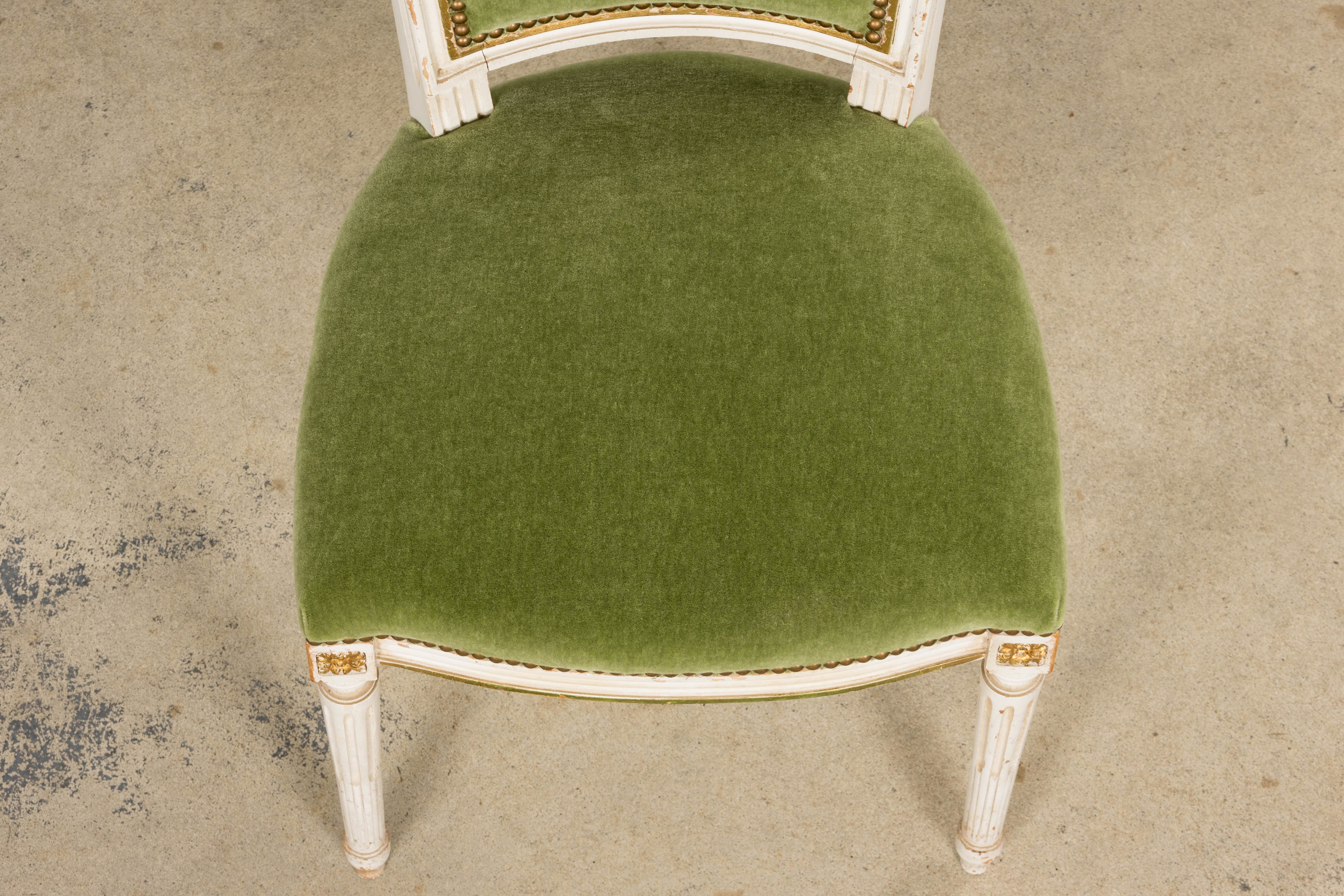 Antique French Louis XVI Style Painted Accent Chair in Moss Green Mohair